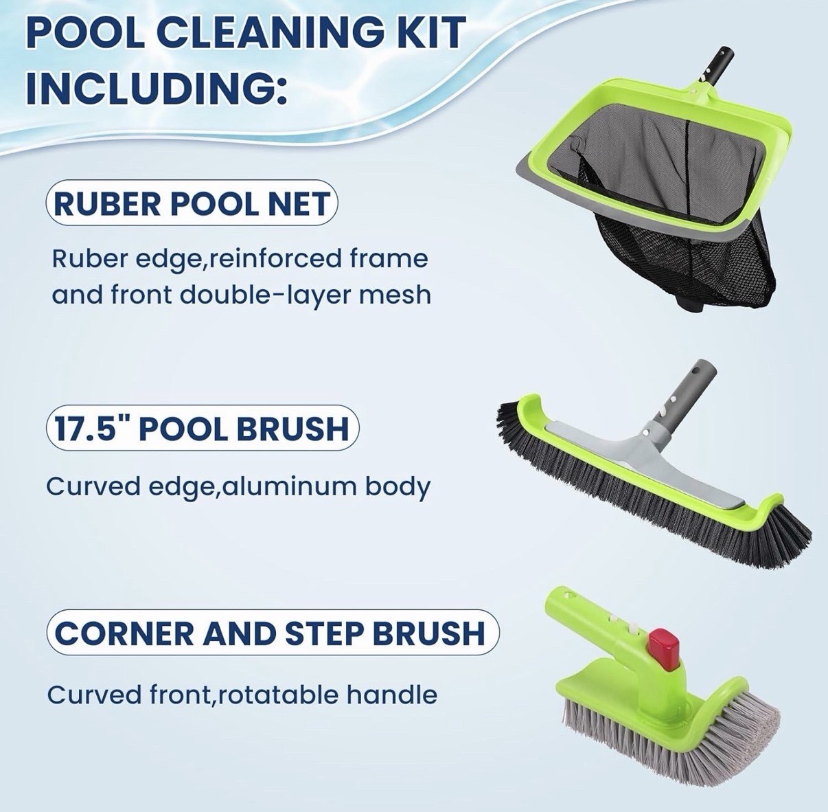 Sepetrel Deluxe Pool Cleaning Kit 17.5&Prime; Wall Brush Skimmer Rake Hand Brush New