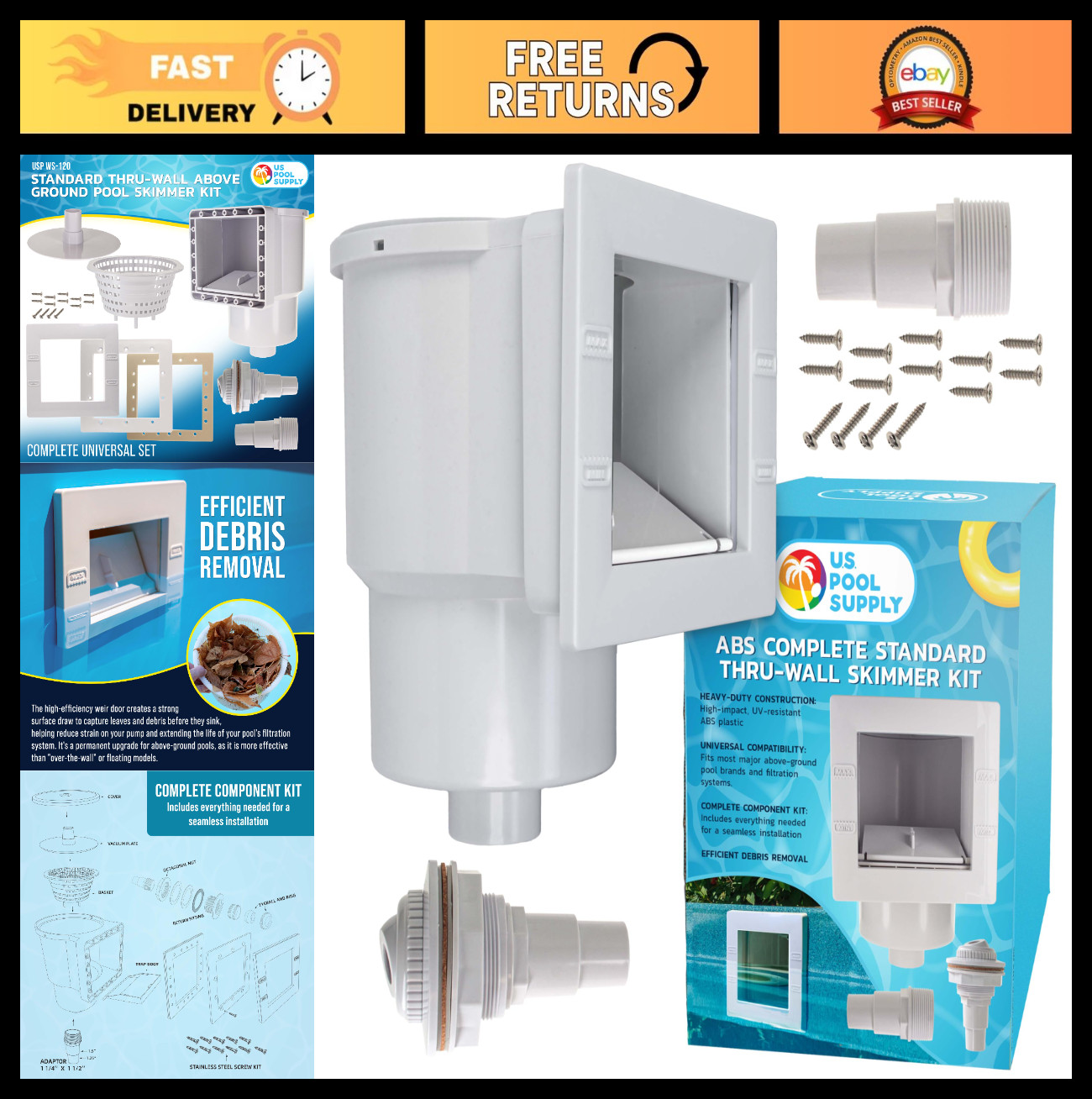 Above Ground Pool Skimmer Kit – Thru-Wall, ABS, Complete Set, Return Fitting, Le