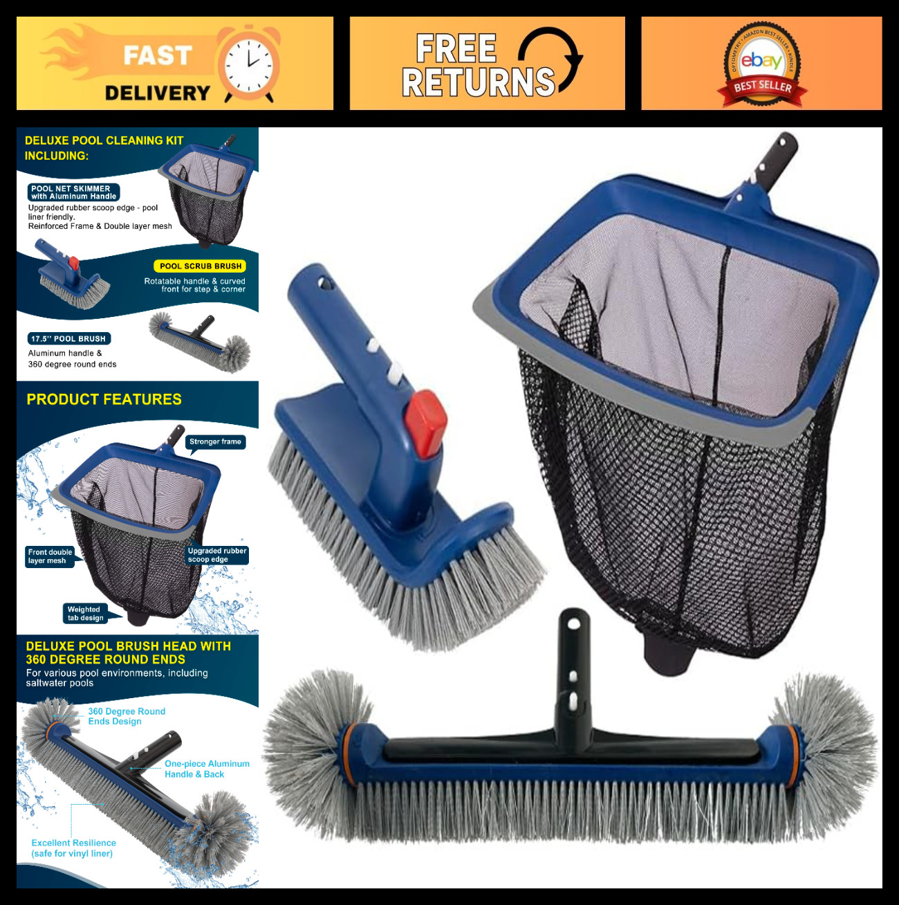 Deluxe Pool Cleaning Kit – Skimmer Net, 17.5&Prime; Brush & Rotatable Scrub Brush, Hea