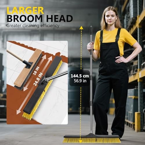 24&Prime; Push Broom, Industrial Broom with Stiff Bristles,Outdoor Push Broom-yellow