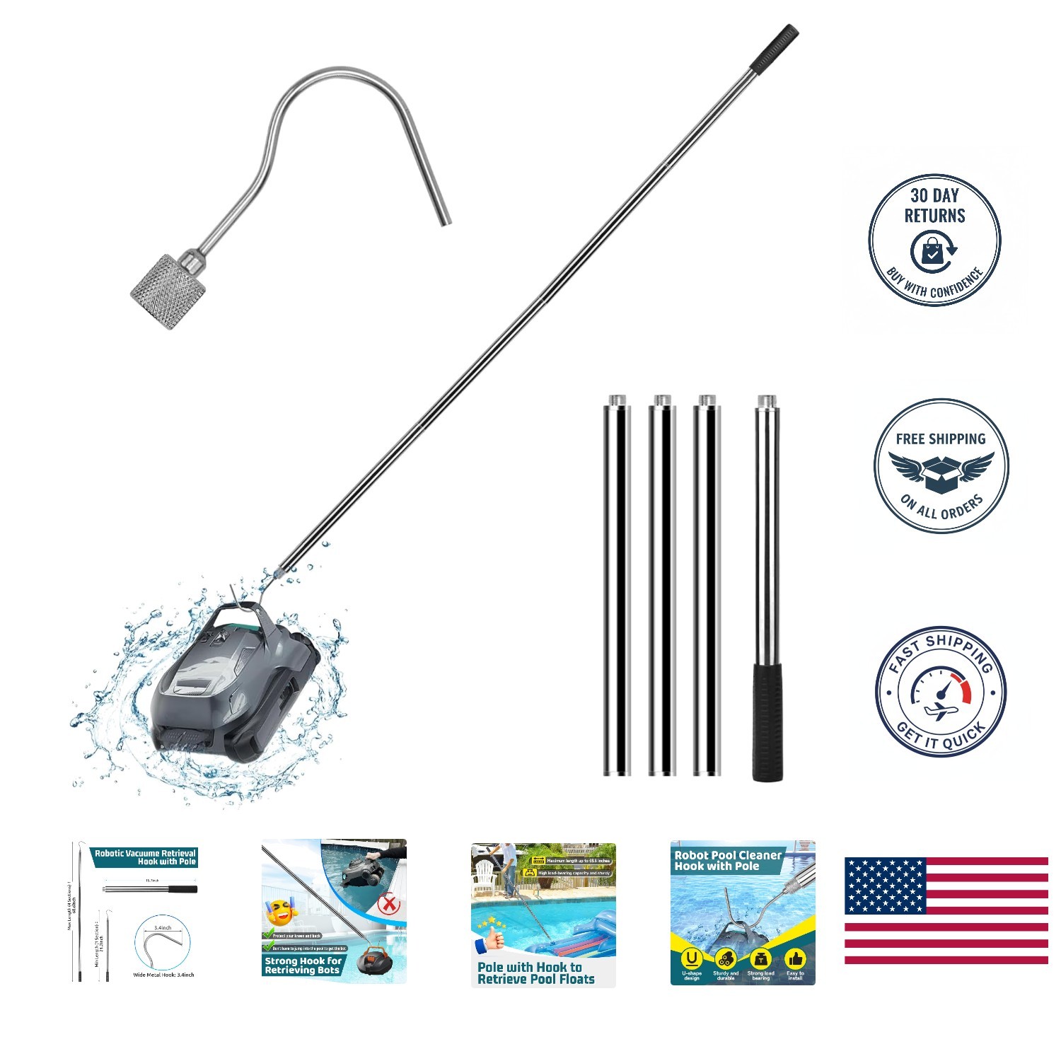 Heavy-Duty Robotic Pool Cleaner Hook & 68-Inch Pole for Effortless Retrieval