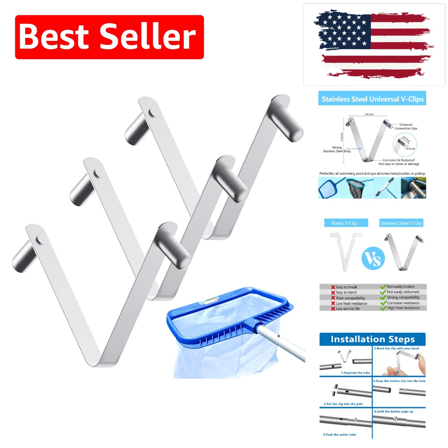 3 PCS Pool Brush V-Shaped Clip,Stainless Steel Universal Pool Pole Butterfly …