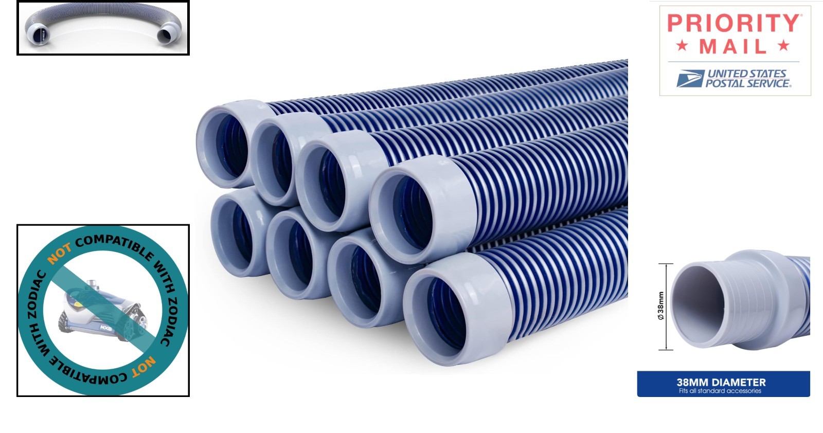 Automatic Pool Cleaner Hose 8 Pieces Flexible 26 Feet Gray Blue Polypropylene