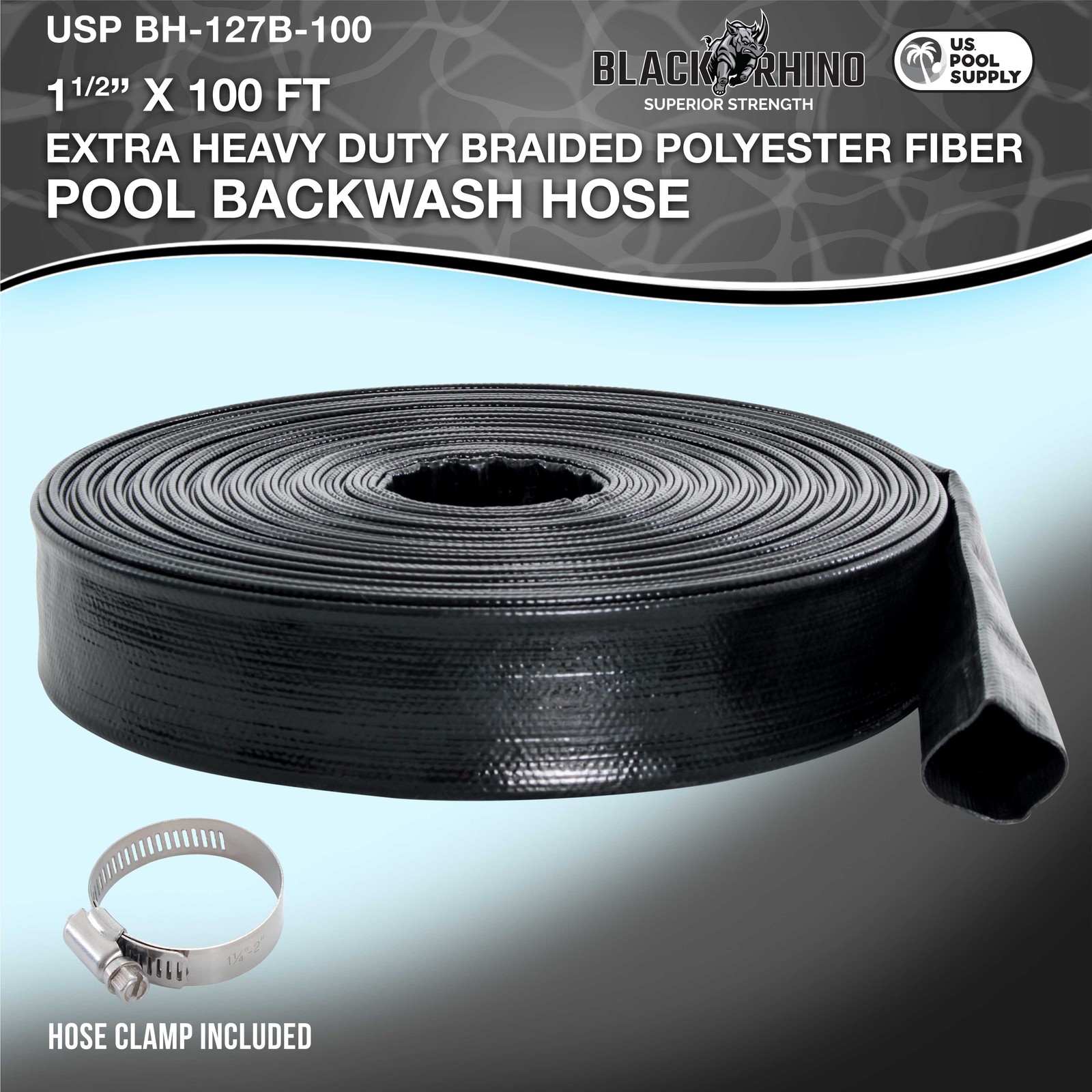 U.S. Pool Supply Black Rhino 1-1/2&Prime; x 100&prime; Pool Backwash Hose with Hose Clamp