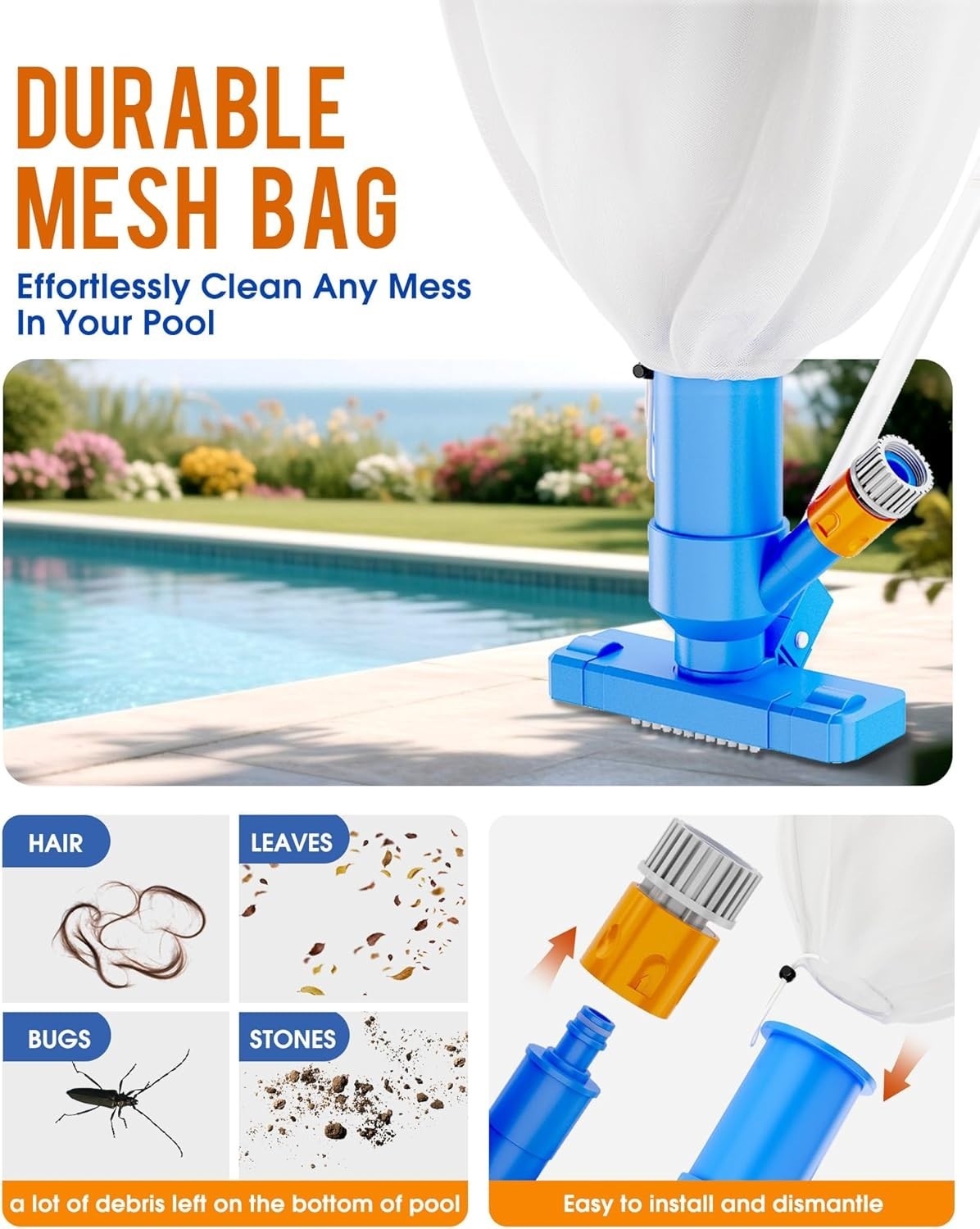 Handheld Pool Vacuum Cleaner with 52&Prime; Telescopic Pole – Sky Blue & Portable