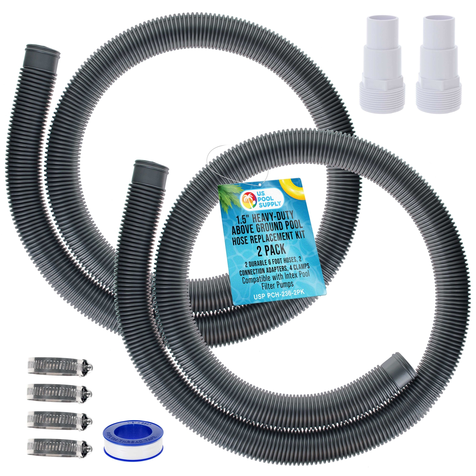 1.5&Prime; Hose Replacement Kit – 2 Silver 6&prime; Hoses, 2 Connection Adapters, 4 Clamps