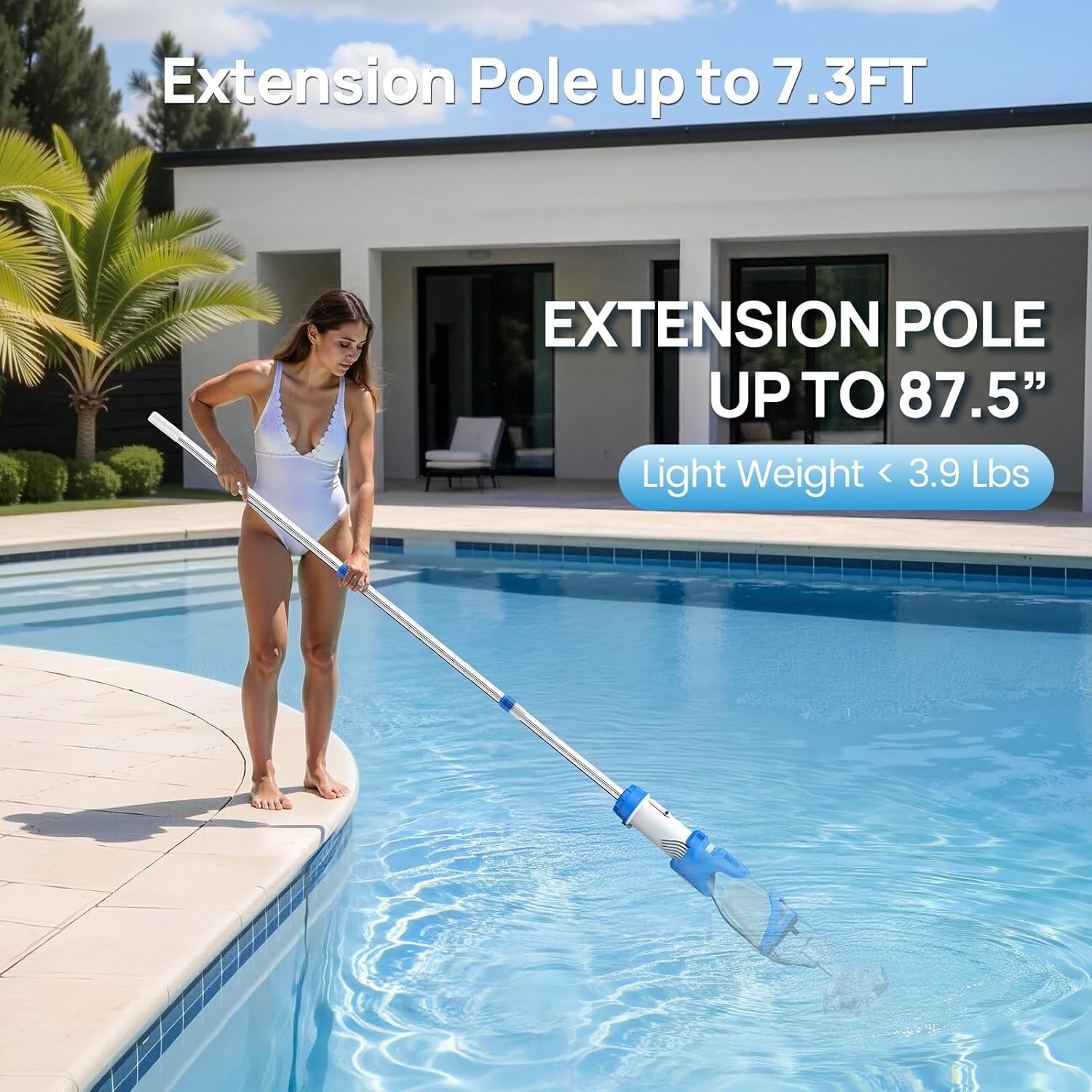 Battery-Powered Pool Vacuum 22 GPM Suction Handheld with 7.3 Ft Telescopic Pole
