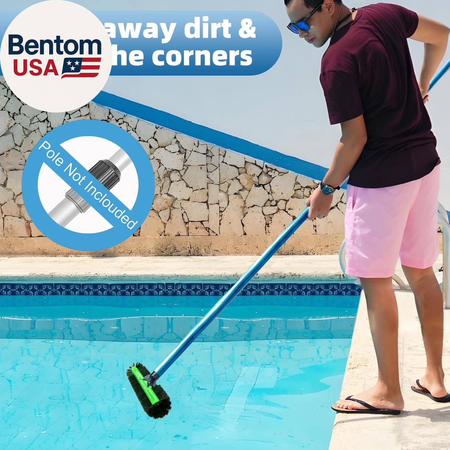 20&Prime; Wide Pool Brush Head, Heavy Duty Pool Scrub Brush with 12-Rows Soft Bristles