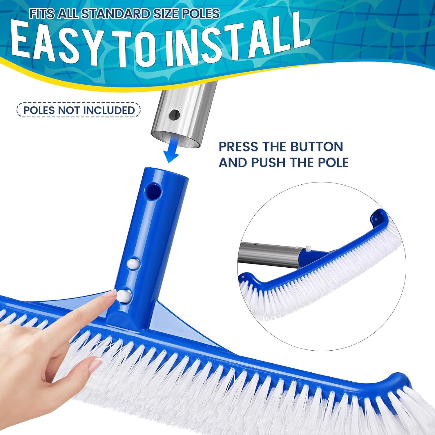 18&Prime; Pool Brush Head Strong Bristle & EZ Clip Curved Ends Tiles & Floors Cleaning