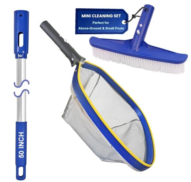 Pool Cleaning Brush & Skimmer Net Set Algae Mesh Catcher Pool Cleaner Pole 14…
