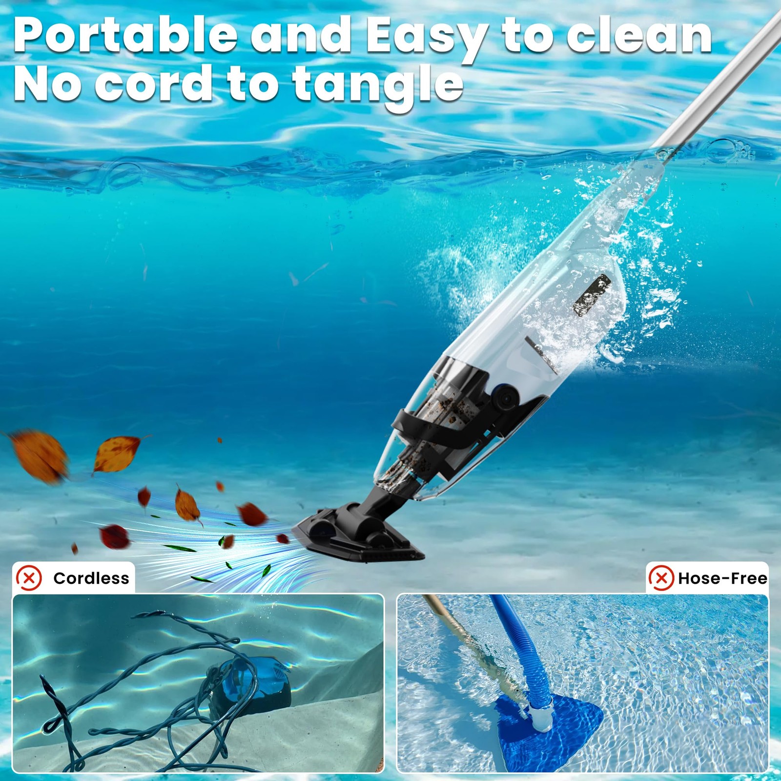 Cordless Pool Vacuum, 60-Min Runtime Rechargeable Pool Cleaner for Above Grou…