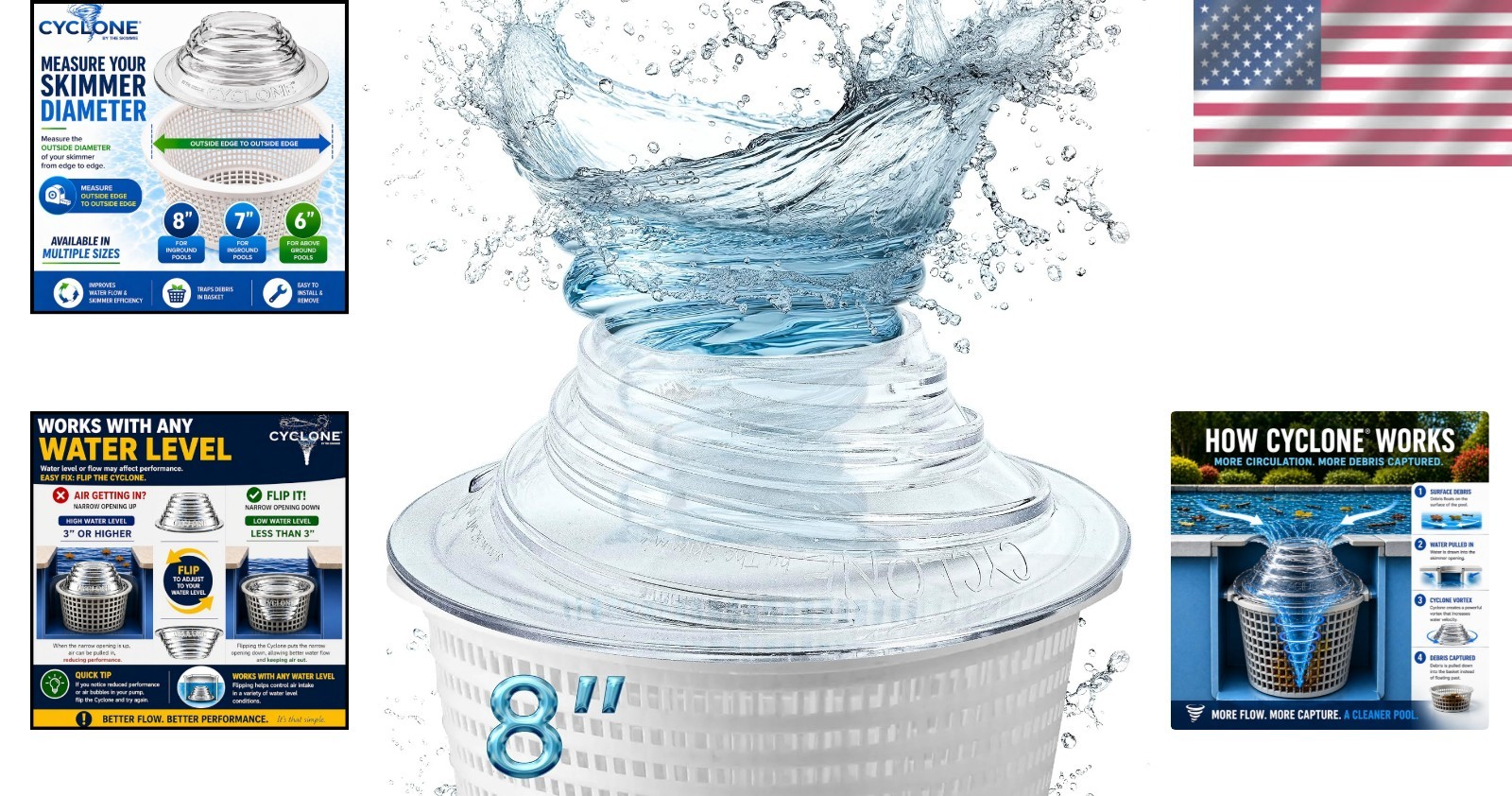 Cyclone Pool Helper: 8&Prime; Skimmer Basket Water Flow Booster for Easy Cleaning
