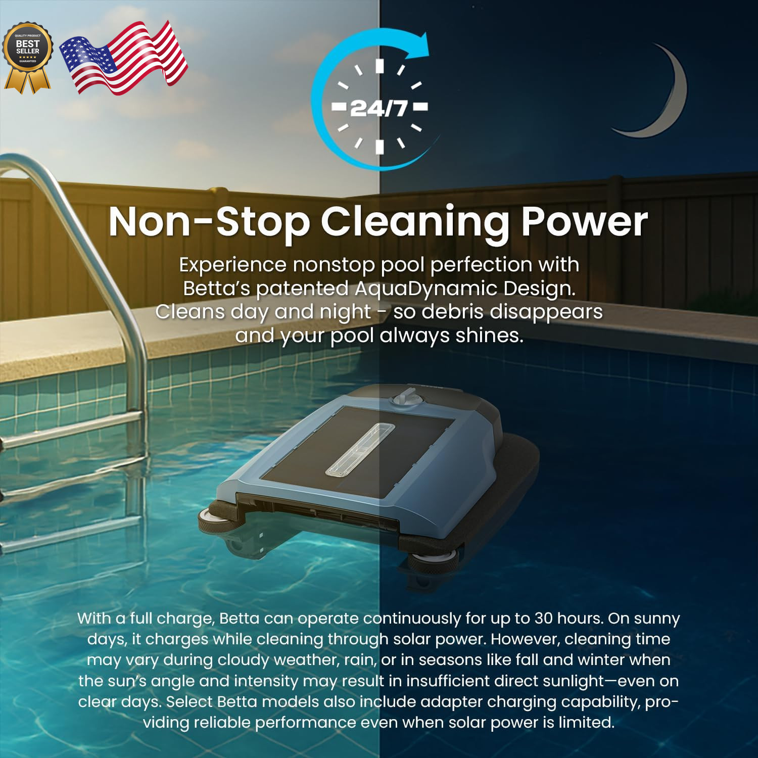 Betta Flex Solar-Powered Robotic Pool Skimmer Cordless with Dual Cleanin