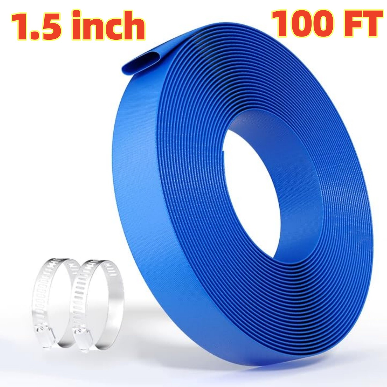 Backwash Hose PVC Discharge Hose 1.5 in x 100 ft Pool Water Hose with Clamp USA