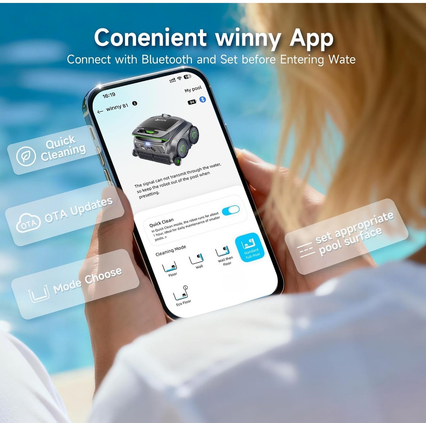 WINNY / WYBOT B1 Cordless Robotic Pool Cleaner – Smart App, Quad-Brush, In/Above