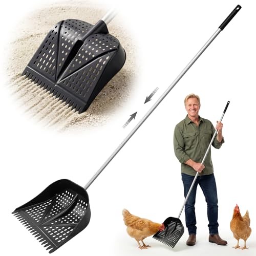 Heavy-Duty Yet Lightweight Chicken Poop Scooper & Rake 2-in-1, Adjustable Black