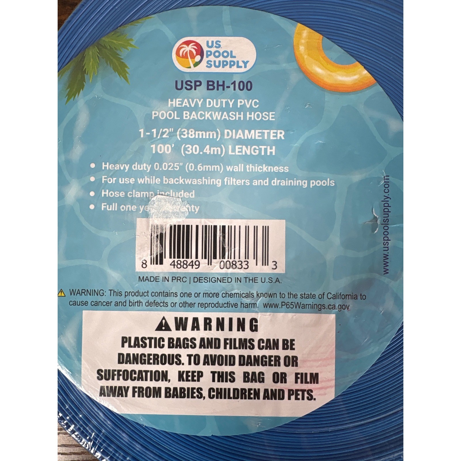 US Pool Supply USP BH-100 Heavy Duty PVC Pool Backwash Hose 1-1/2in x 100ft Blue