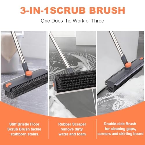 Floor Scrub Brush with 64&Prime; Long Handle – 360° Swivel Heads Household Push