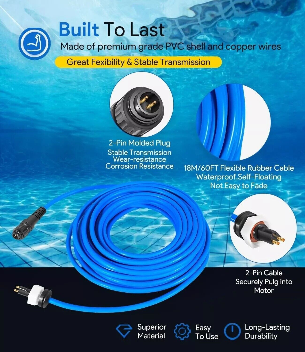 For Dolphin Pool Cleaner 99958903-DIY Cable Cord 2-Wire 60FT Triton PS PoolStyle