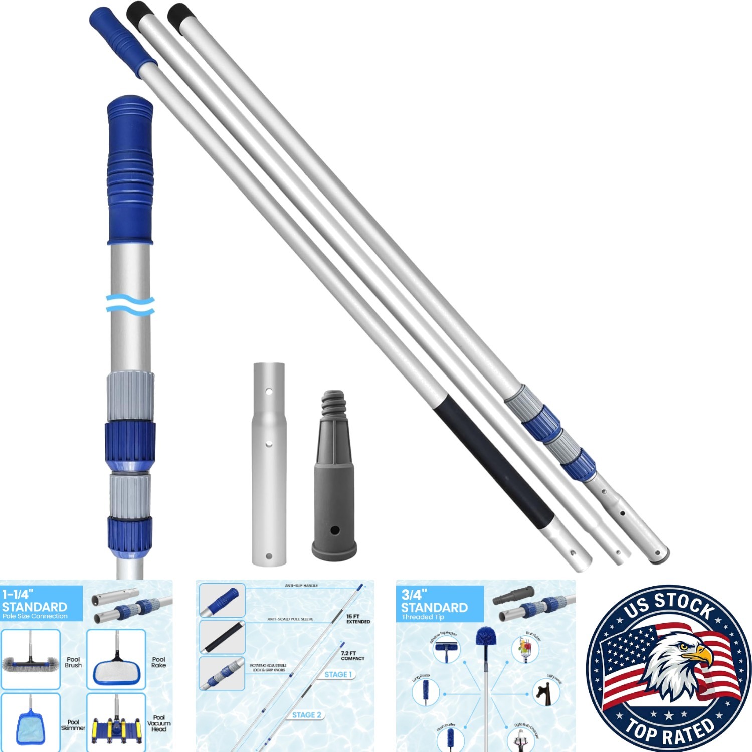 3-Piece 15FT Pool Pole – Durable Telescopic Design for All Cleaning Needs
