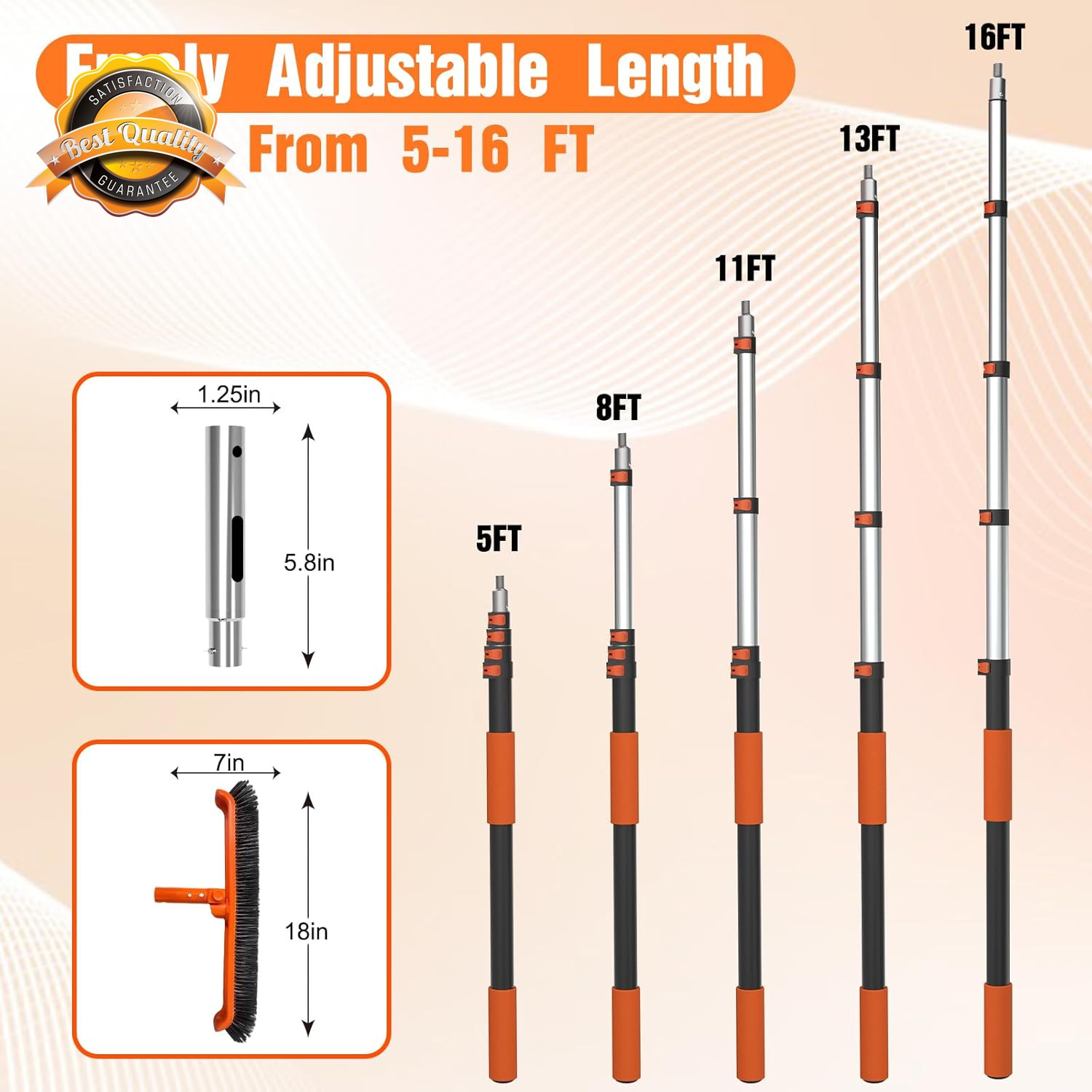 16FT Telescopic Pool Pole Brush 18 Inch Scrubber Wall Tile Floor Clean