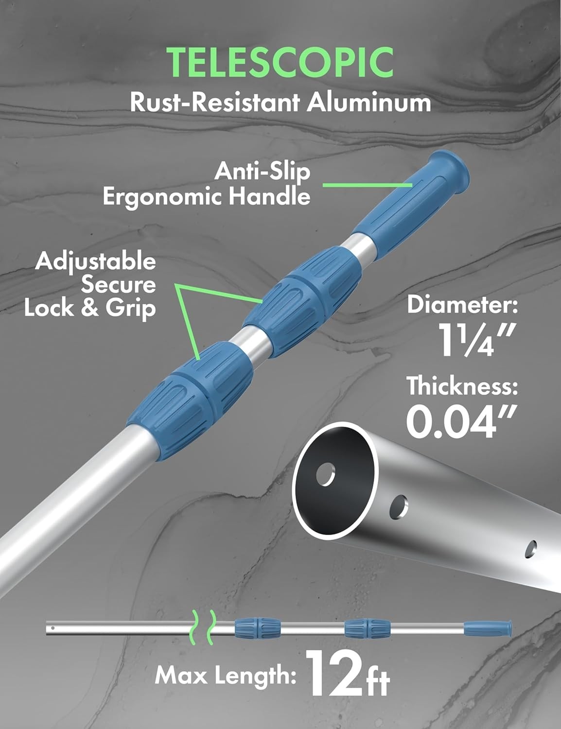 12ft Telescopic Swimming Pool Pole – Pro Aluminum Handle, Adjustable, Heavy Duty