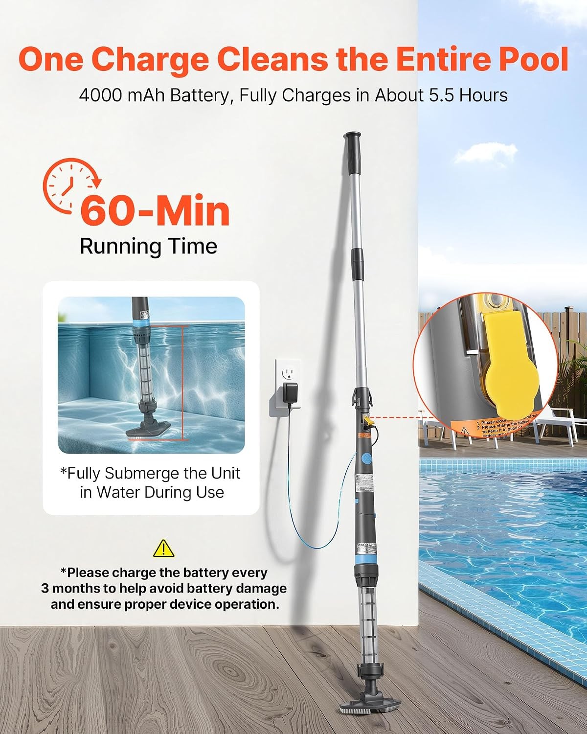 VEVOR Handheld Pool Vacuum, 8.5 GPM Cordless Spa Hot Tub Vacuum with Extension P