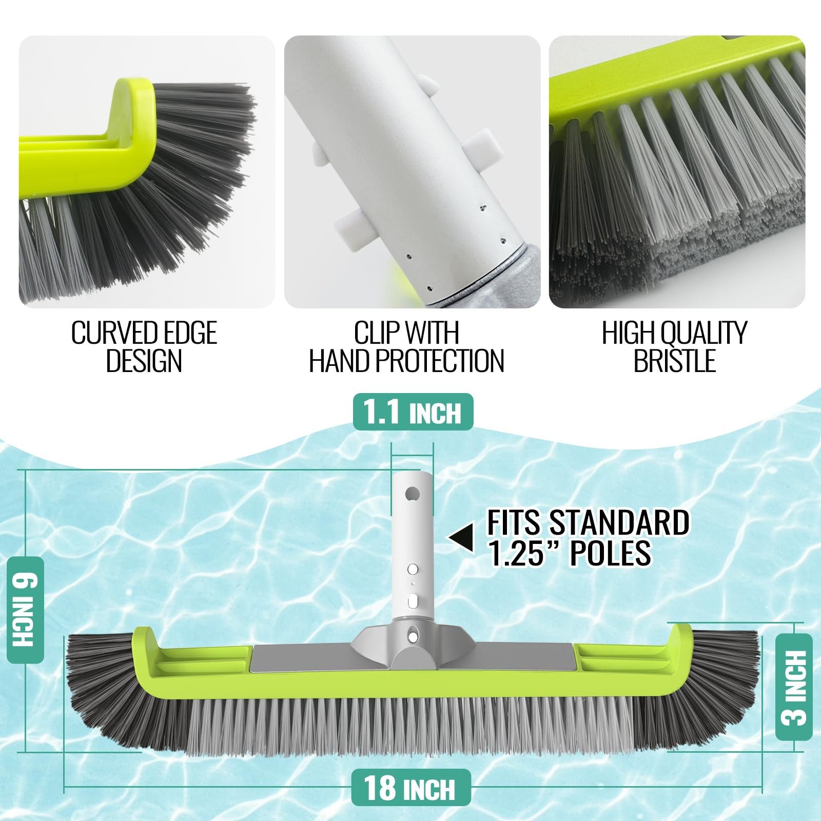 18&Prime; Pool Brush Head for Cleaning Walls, Curved Ends for Tile & Vinyl Pools