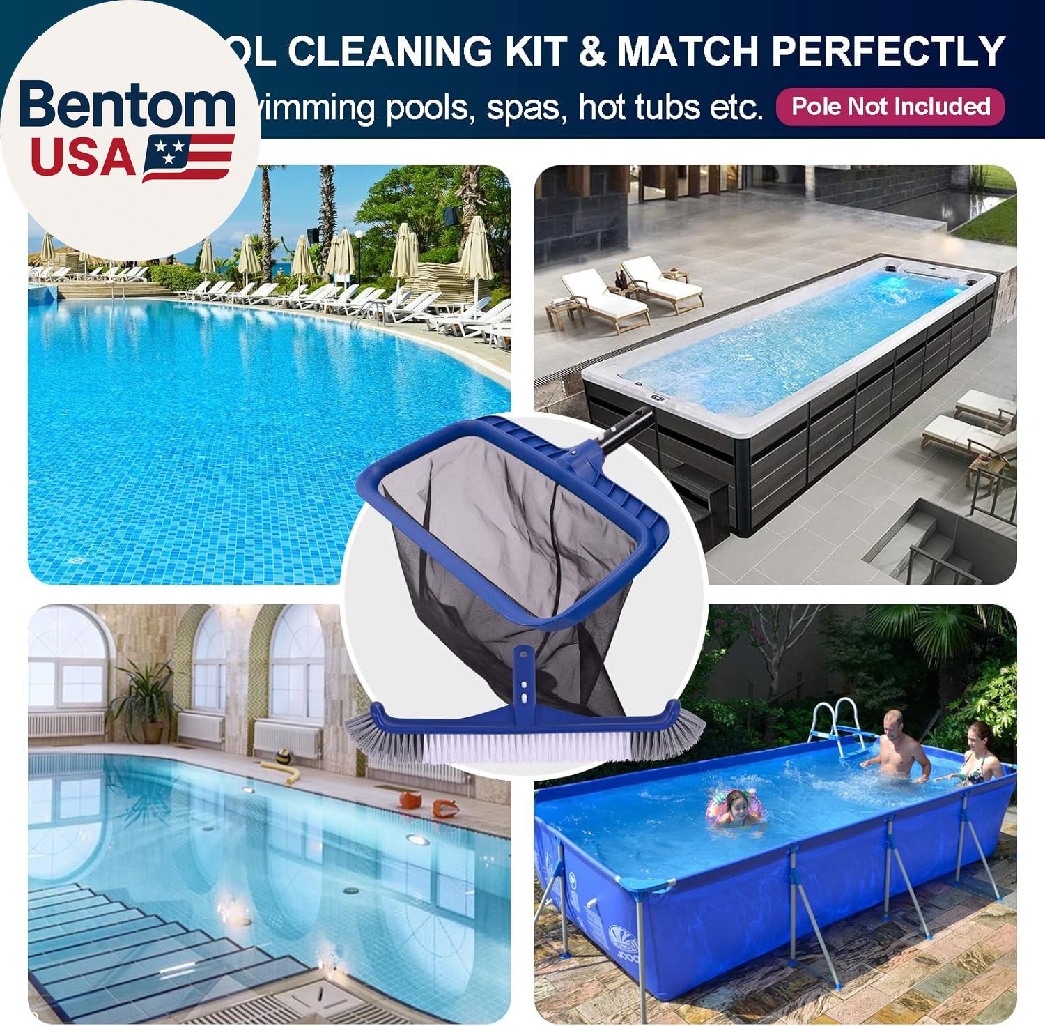 Fine Mesh Pool Skimmer Net & Pool Brush Kit, Durable Pool Cleaning Kit Includes
