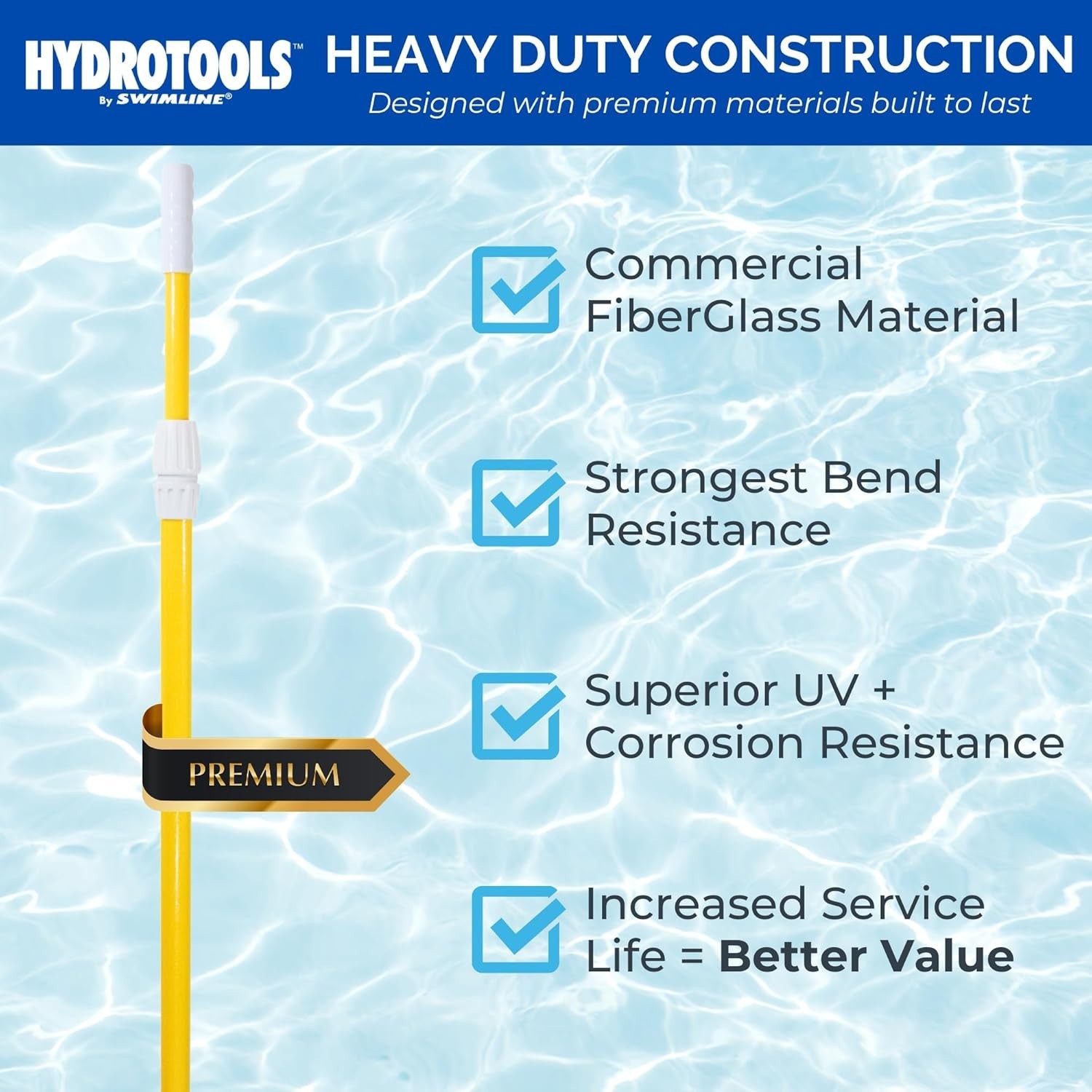 HydroTools Fiberglass Telescopic Pool Pole 8-16ft Adjustable for Skimming & C…