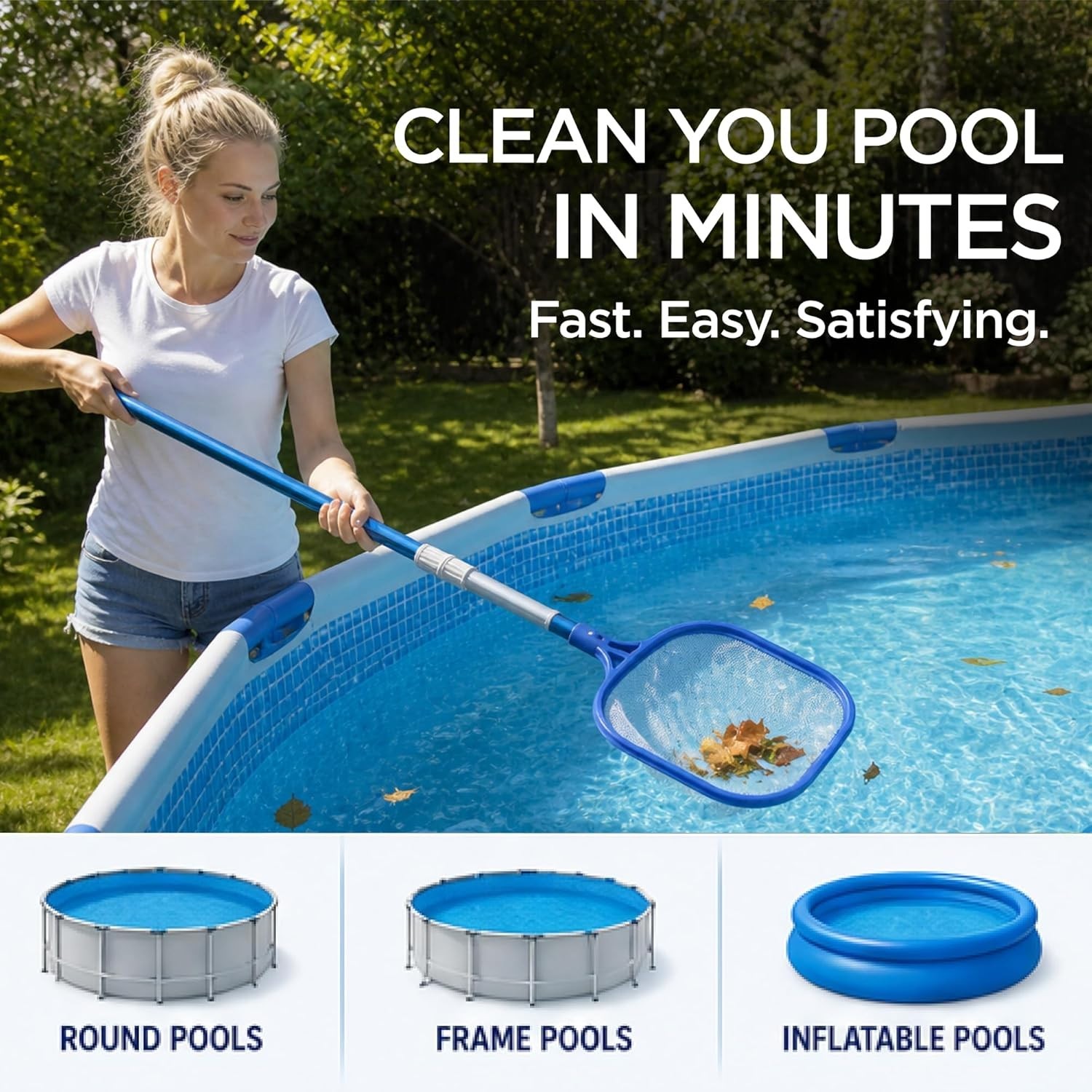 Lightweight Pool Maintenance Set – Telescoping Pole, Skimmer