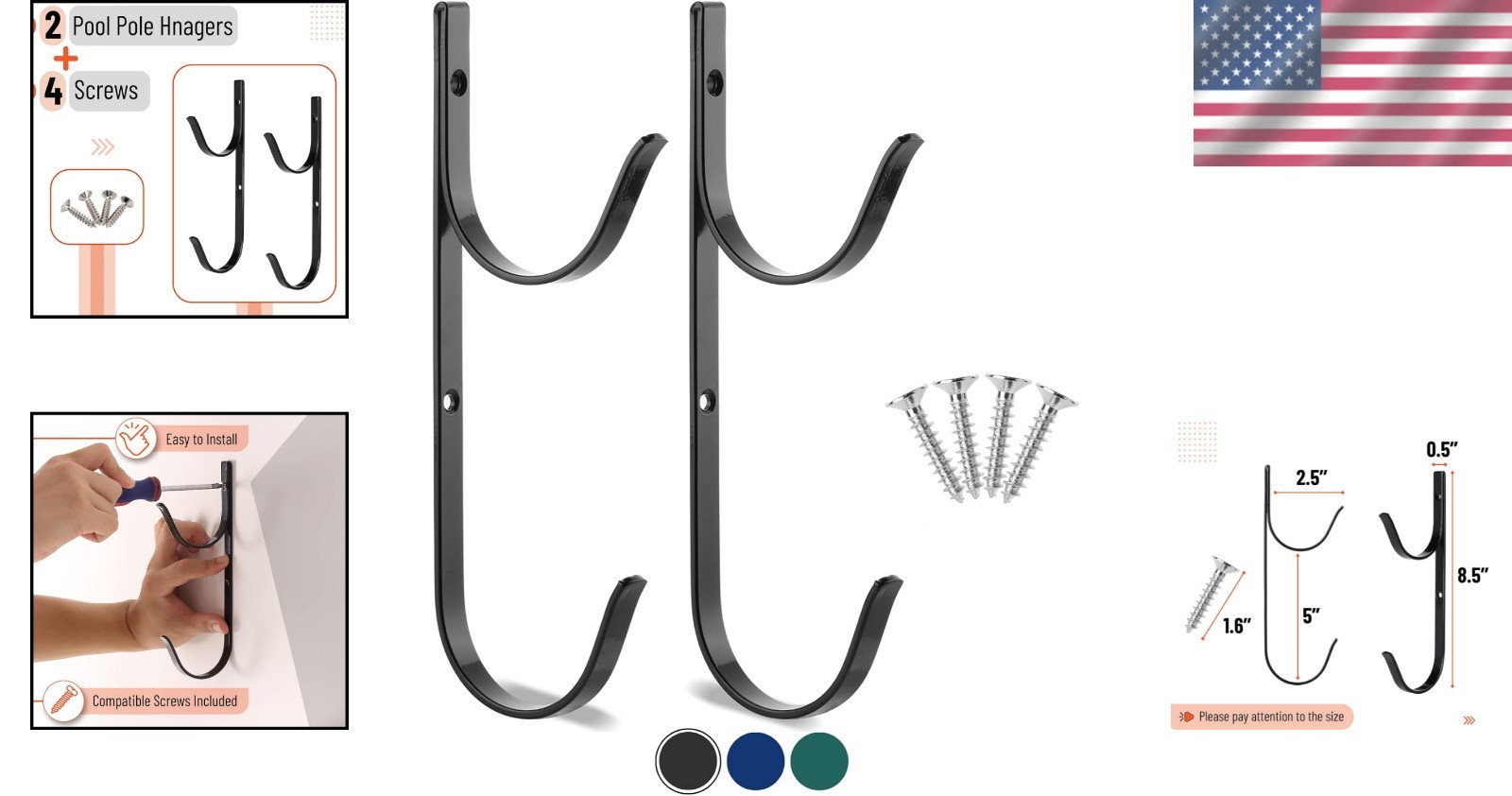 2-Pack Black Aluminum Pool Hangers – Secure Hooks for Garden Equipment