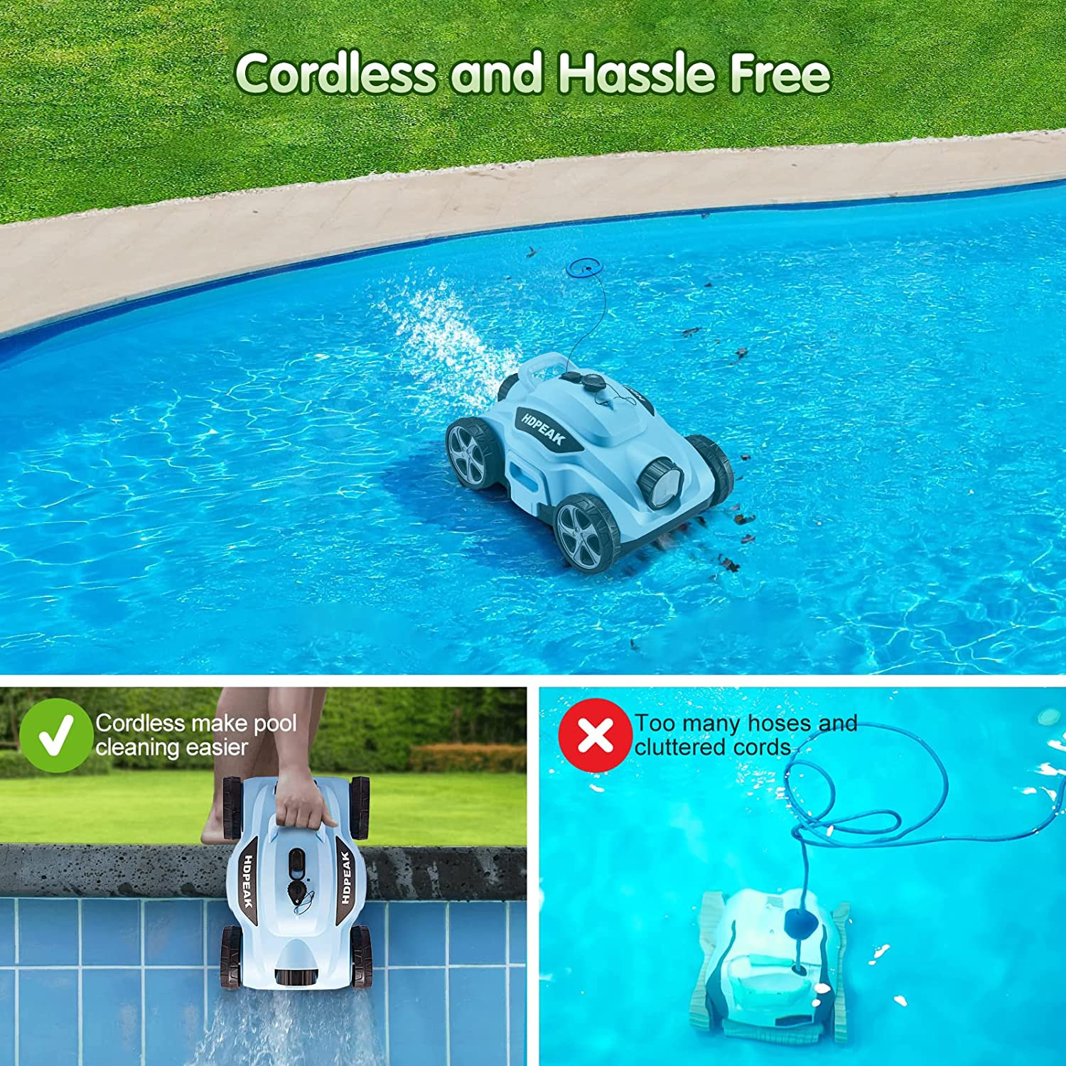 Robotic Pool Cleaner 110 Mins Auto-Parking Rechargeable Automatic 50 Feet Blue