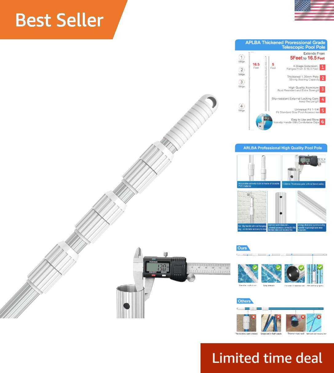 Heavy Duty 16.5ft Telescopic Pool Cleaning Pole – Adjustable Aluminum Design