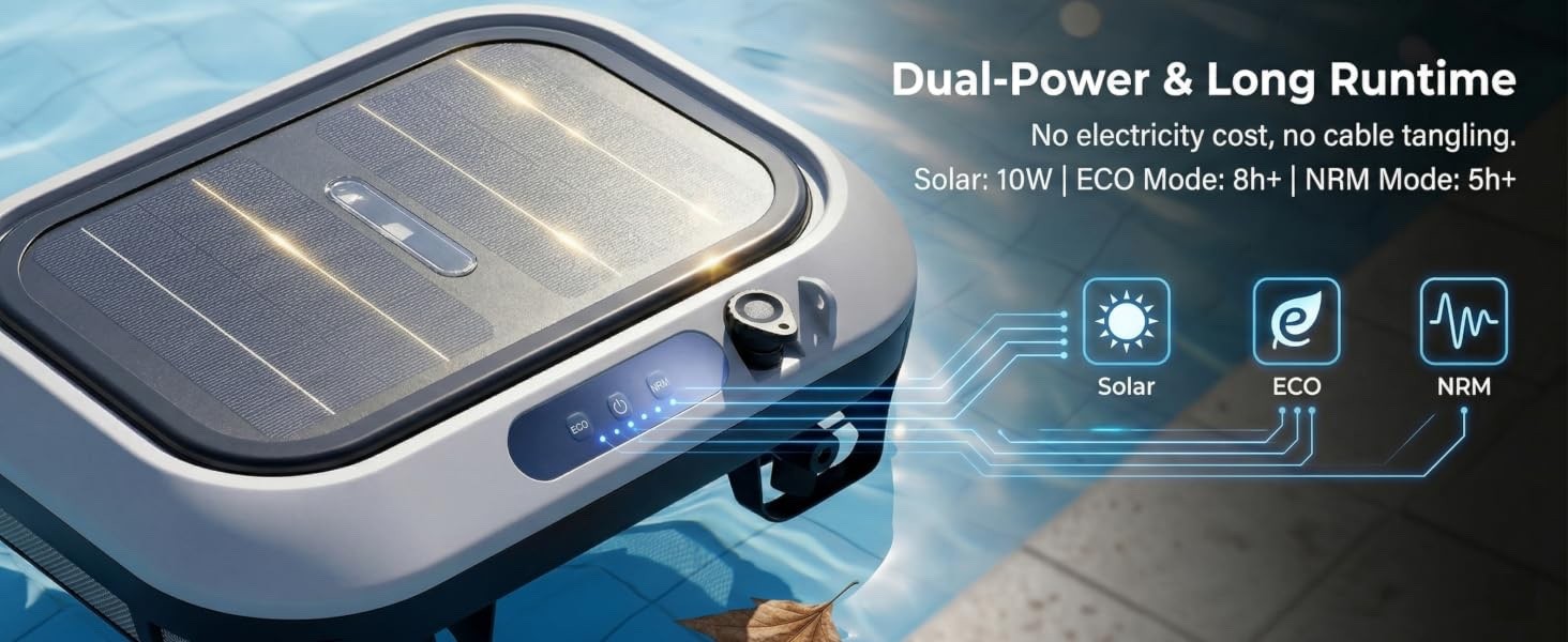 Cordless Solar Powered Robot Pool Skimmer, 150 Minute Runtime, 180-Micron Filter