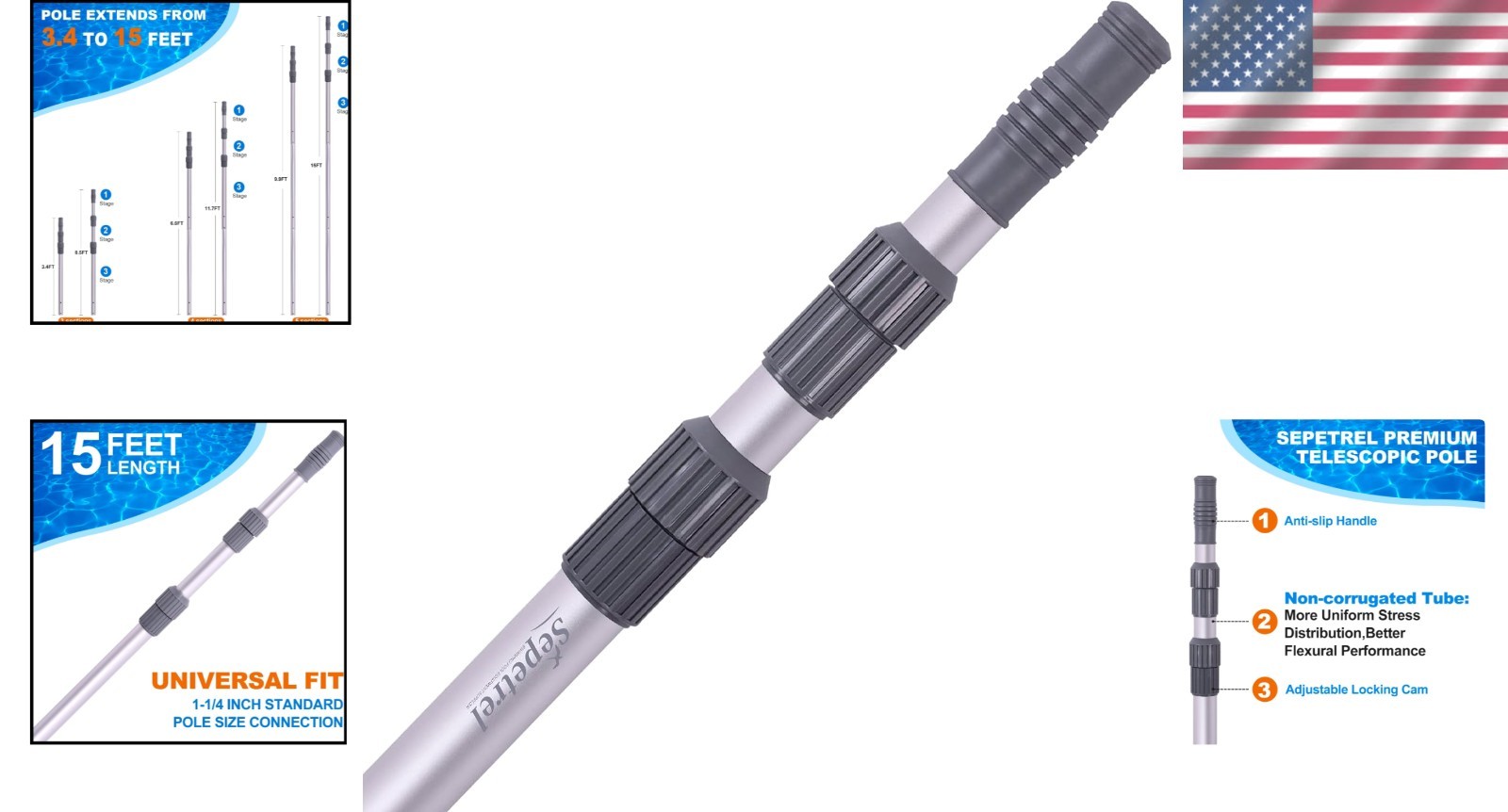 Professional 15 FT Adjustable Pool Pole for Skimmer, Brush & Vacuum Tools