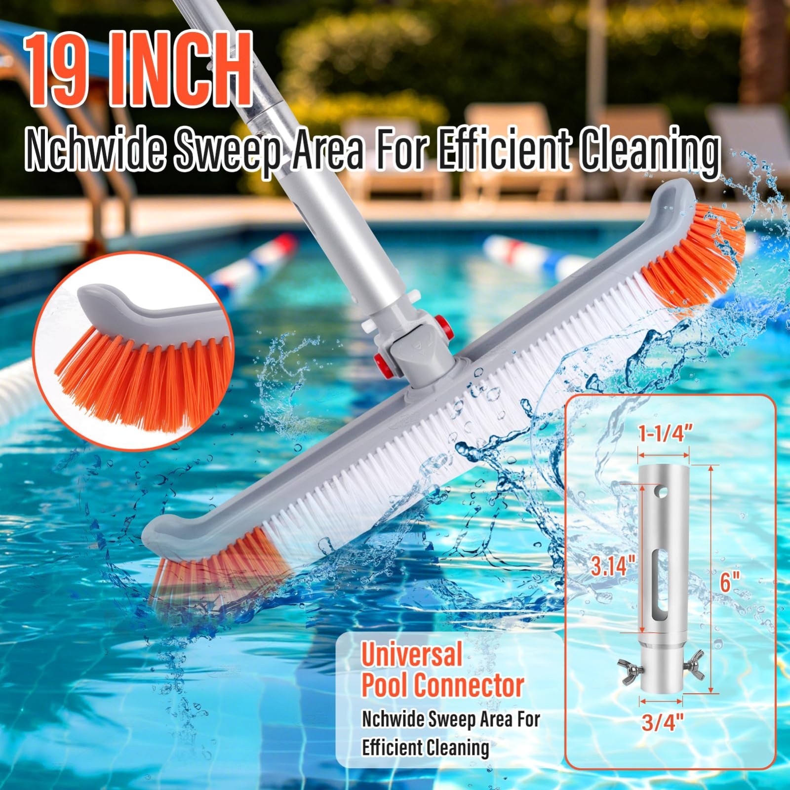 16FT Telescoping Pool Cleaning Pole with 19&Prime; Brush Head, Heavy Duty Adjustable T