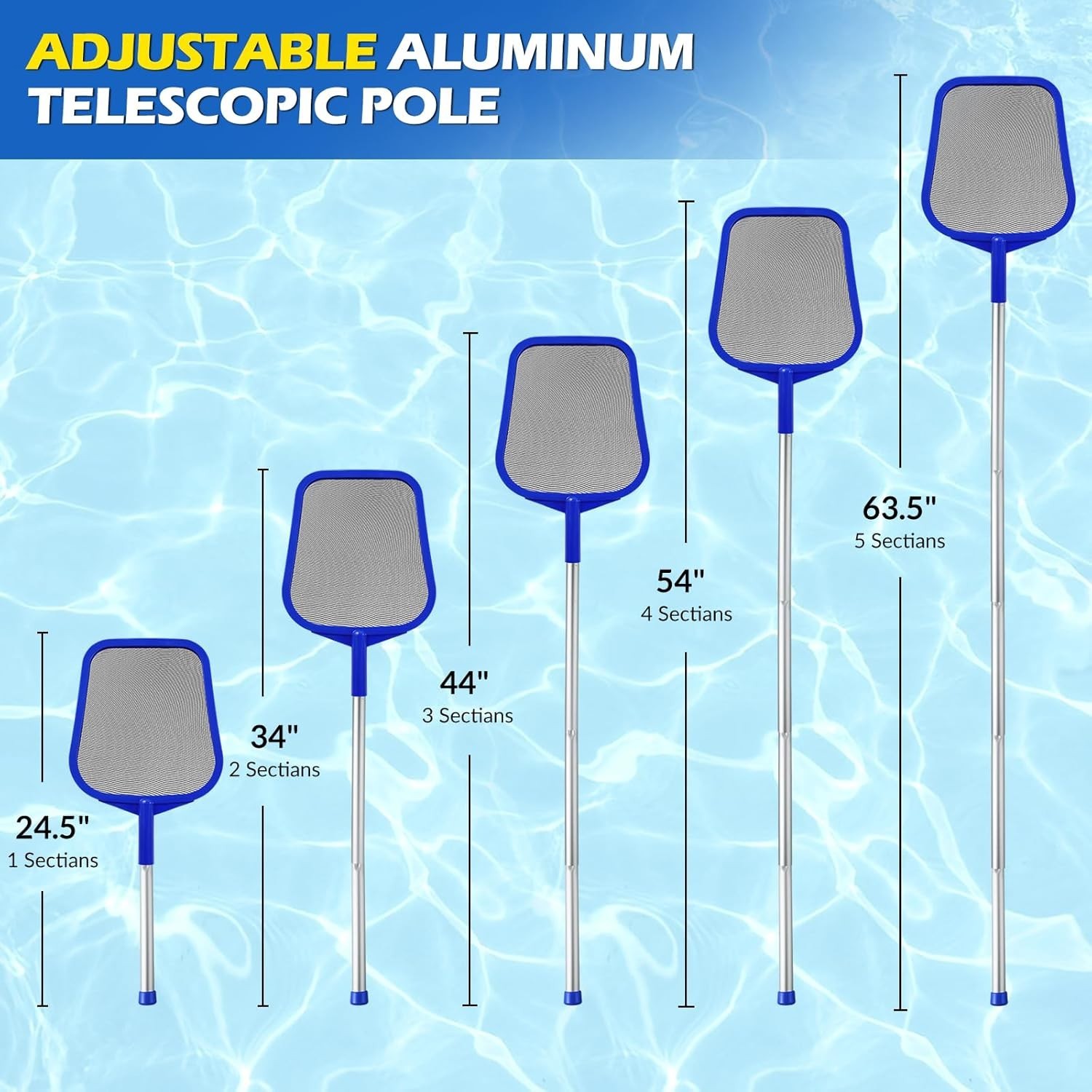 Durable Aluminum Pool Skimmer Net – Telescopic Pole 23 » to 60 » for All Pools