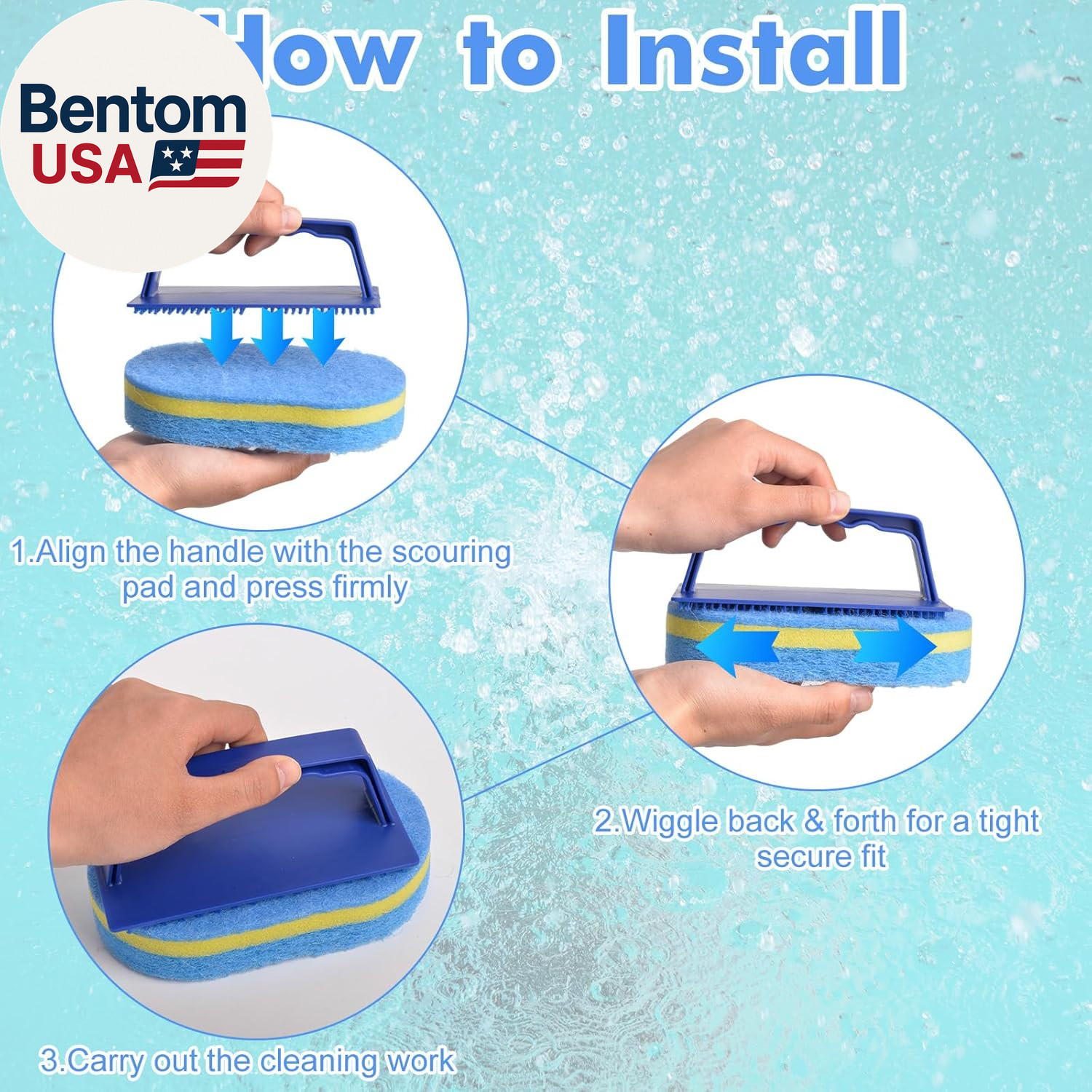 4Pcs Handled Pool Scrubber Brush – Pool Scrub Brush Set with 3 Thicker Replaceab