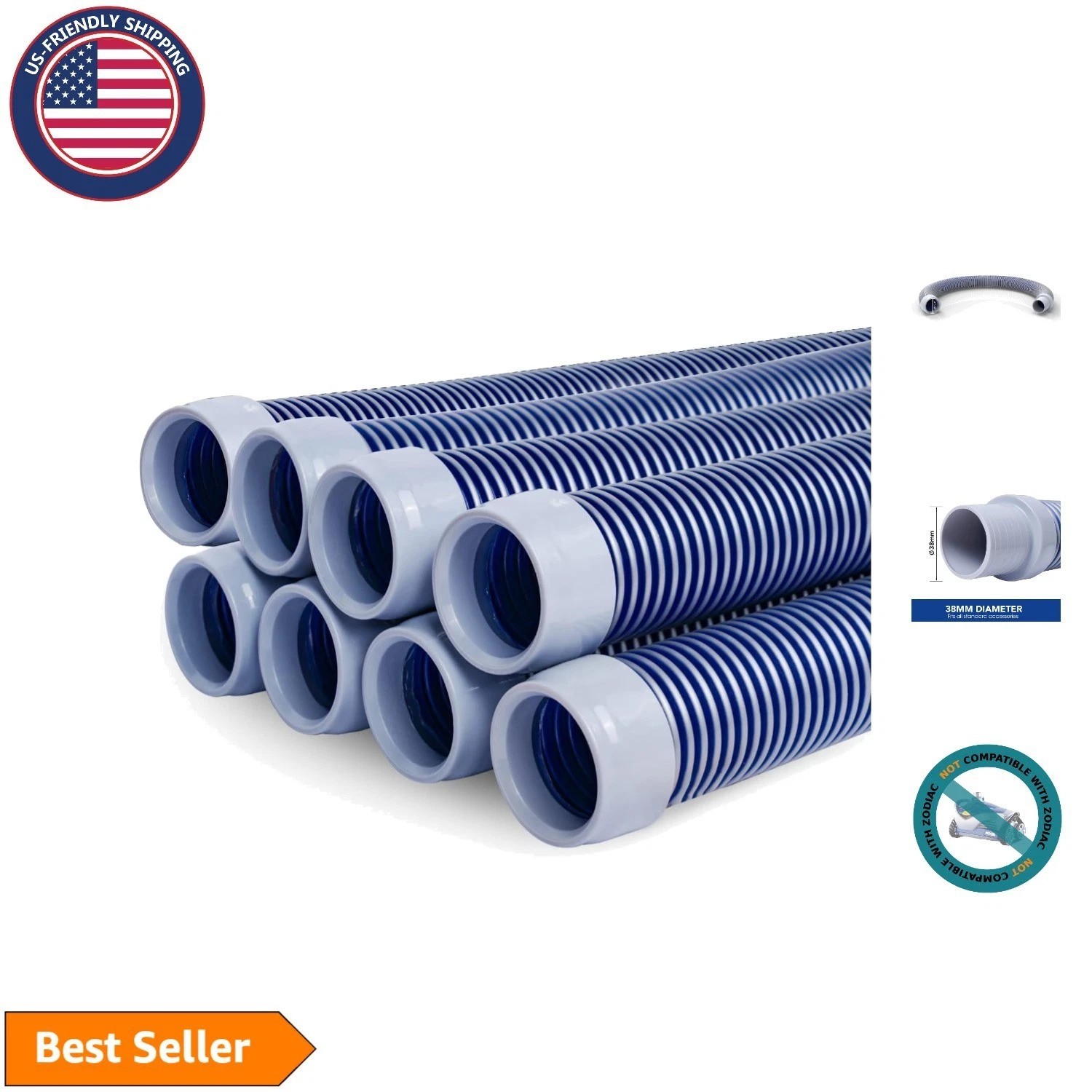 1.5” Swimming Pool Vacuum Hose 26ft – 8 Pieces, Mould Cuffs Included