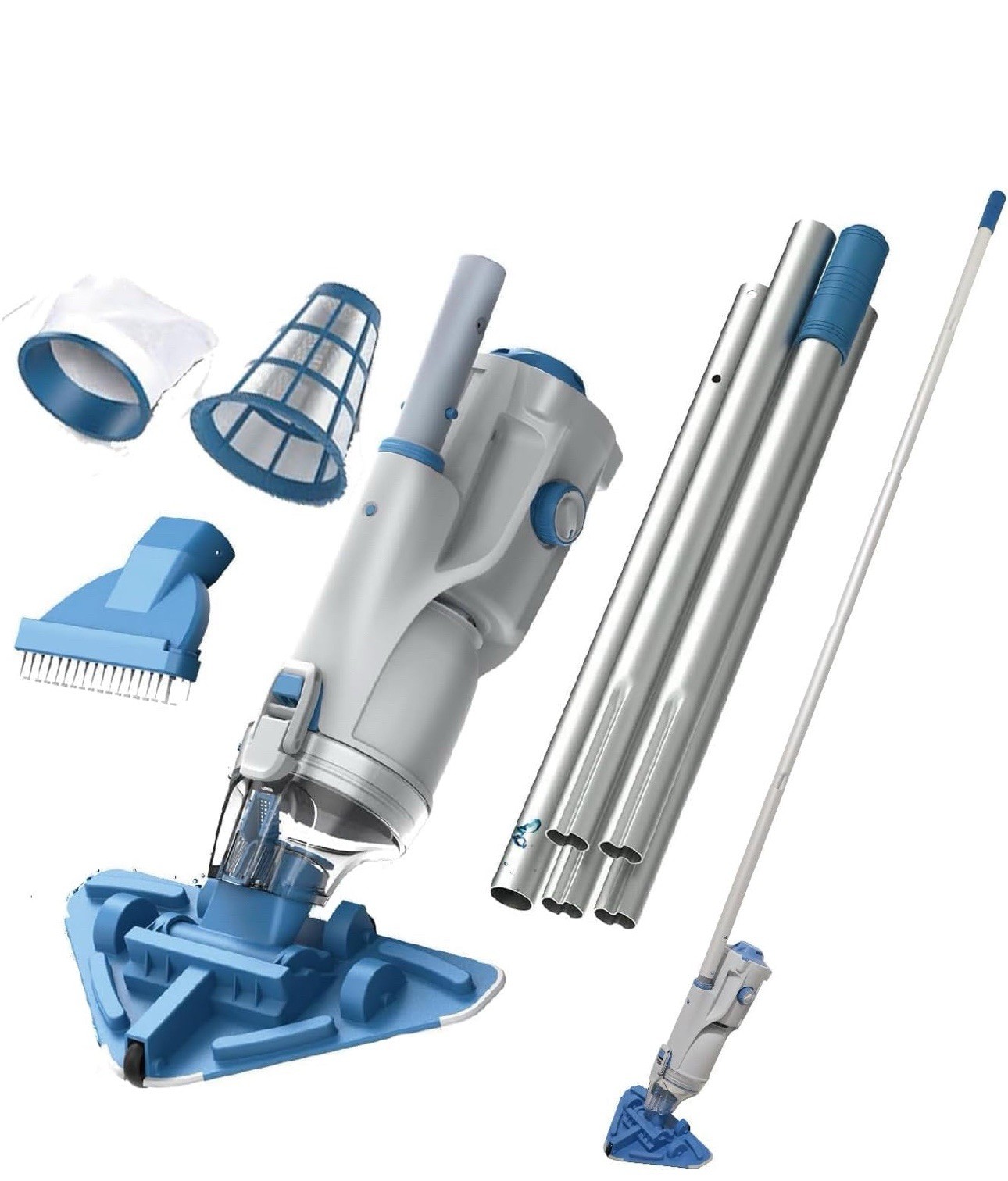 KOKIDO 2025 cordless pool vacuum, 72” pole, 16GPM suction, 2 heads, filters.