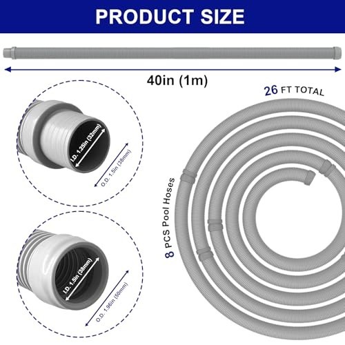Pool Vacuum Hose 1.5 Inch 8 Sections 26 Feet Extension Replacement Flexible Gray
