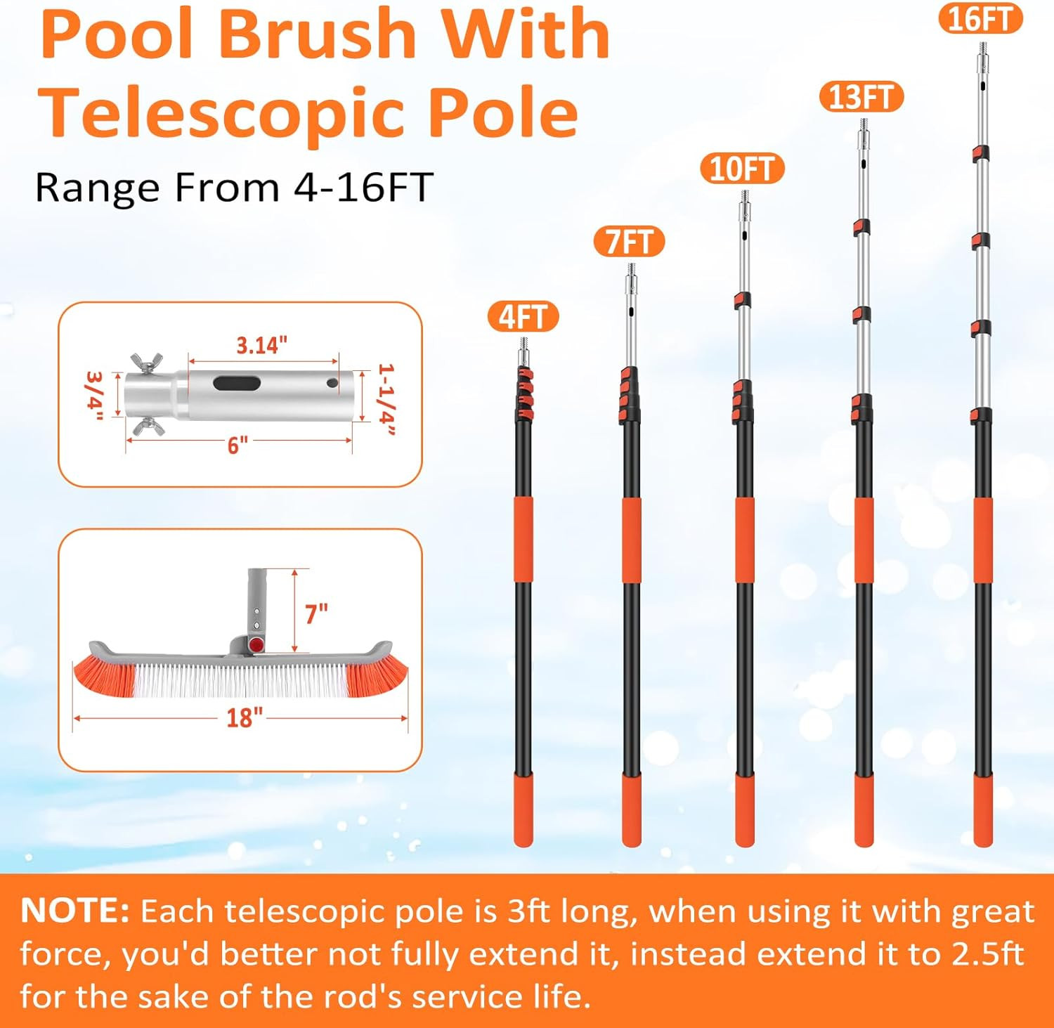 16FT Pool Brush with Pole, 18&Prime; Heavy Duty Swimming Pool Brush with 4-16FT Alumin