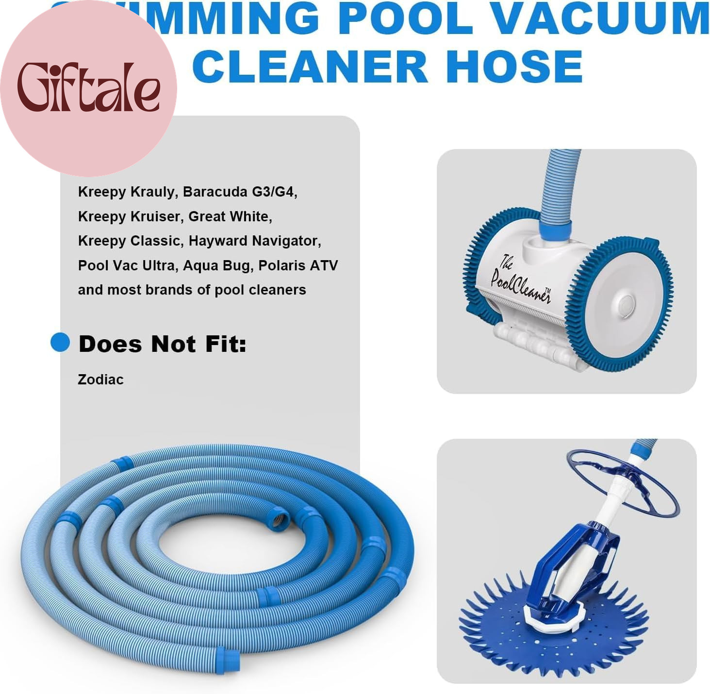 Pool Vacuum Hose 40 Feet (12 X 40 Inch), 1.5 Inch Cuffs, Compatible with Most In