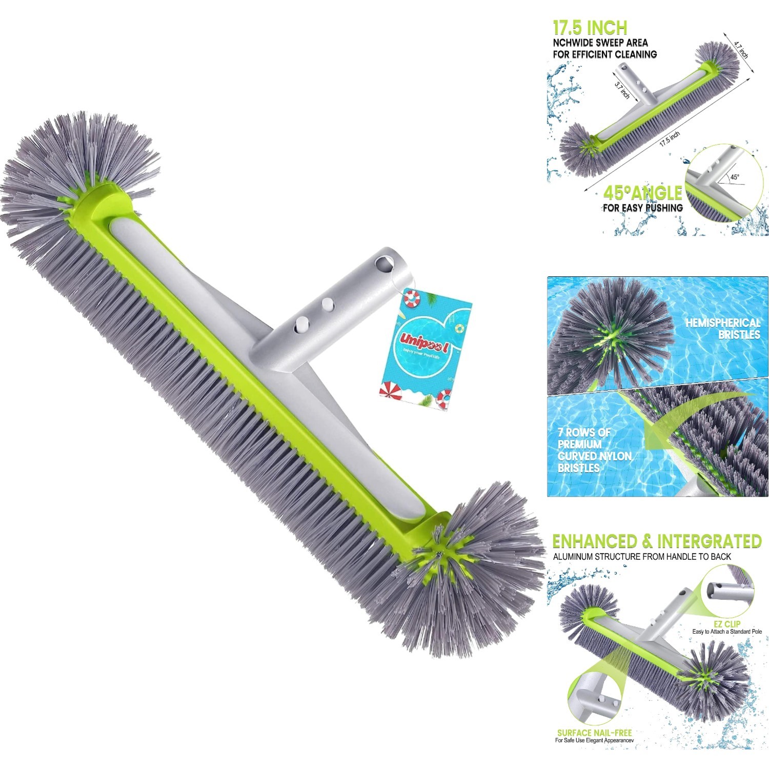 17.5&Prime; Pool Brush Head Heavy Duty Aluminum 7-Row Nylon Bristles Round End EZ Clip