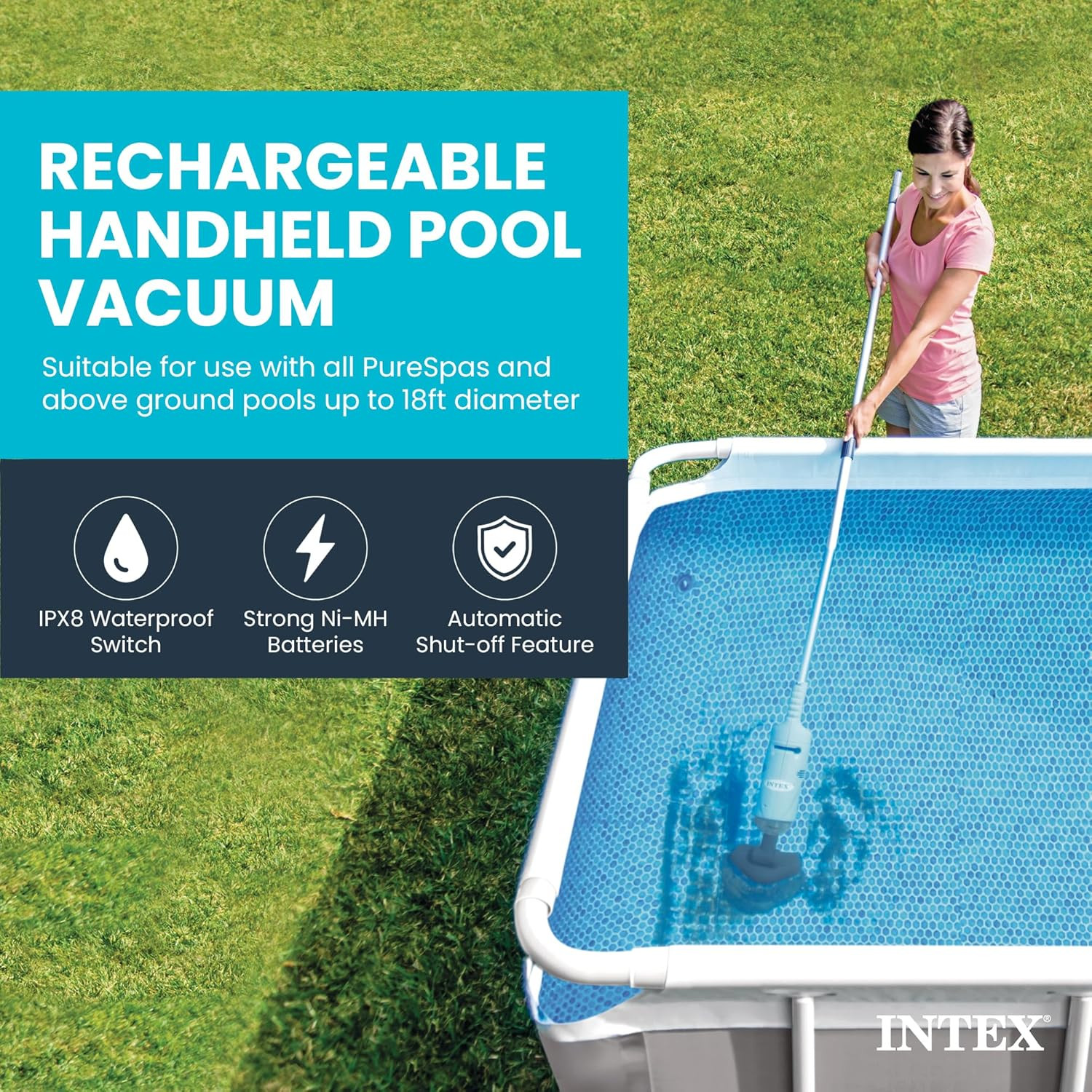 INTEX Rechargeable Handheld Pool Vacuum Cleaner with 94” Telescoping Pole, 2 Bru