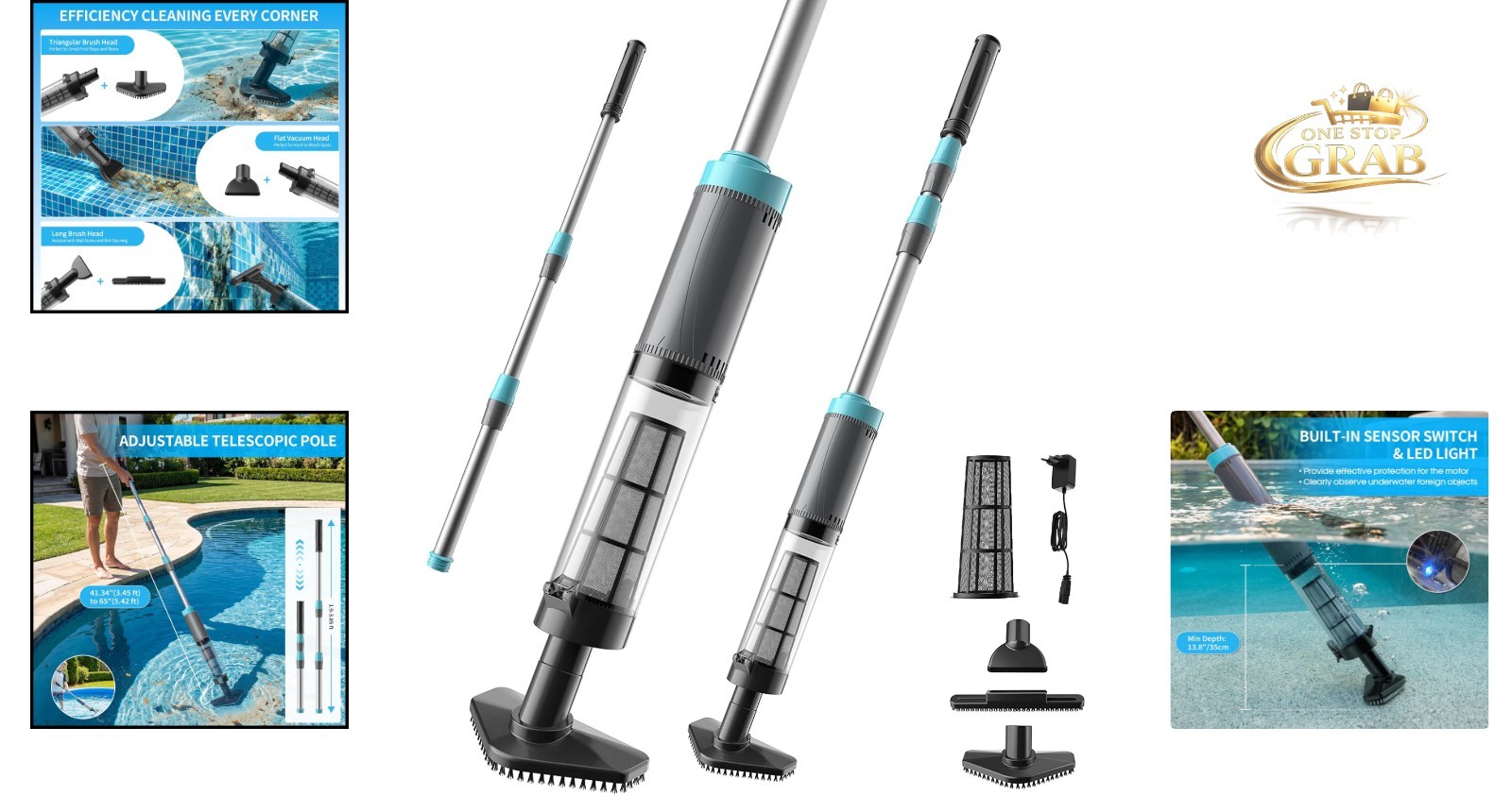 Cordless Handheld Pool Vacuum with 3 Brush Heads LED Light Rechargeable Up to…