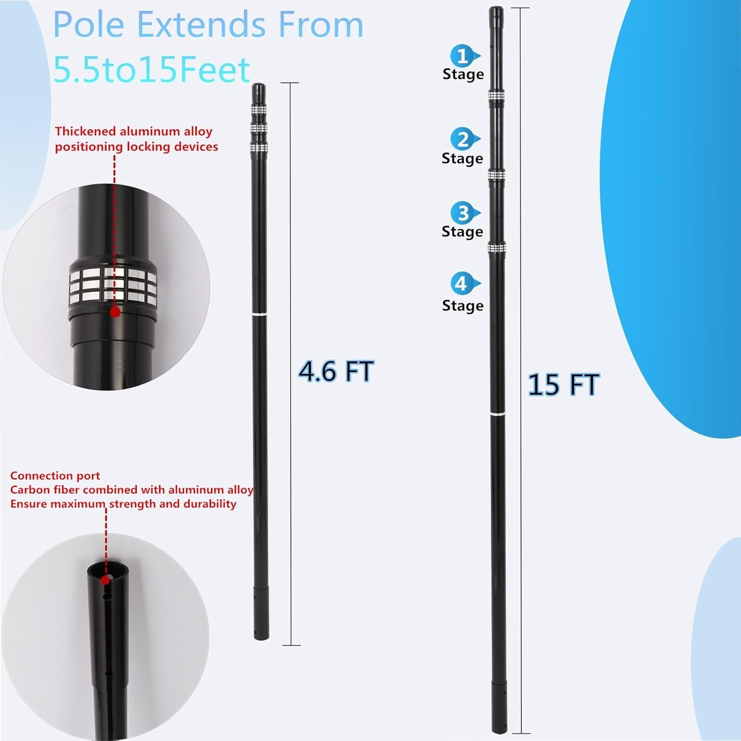 15ft Carbon Fiber Telescopic Pool Cleaning Pole for Skimmers & Brushes