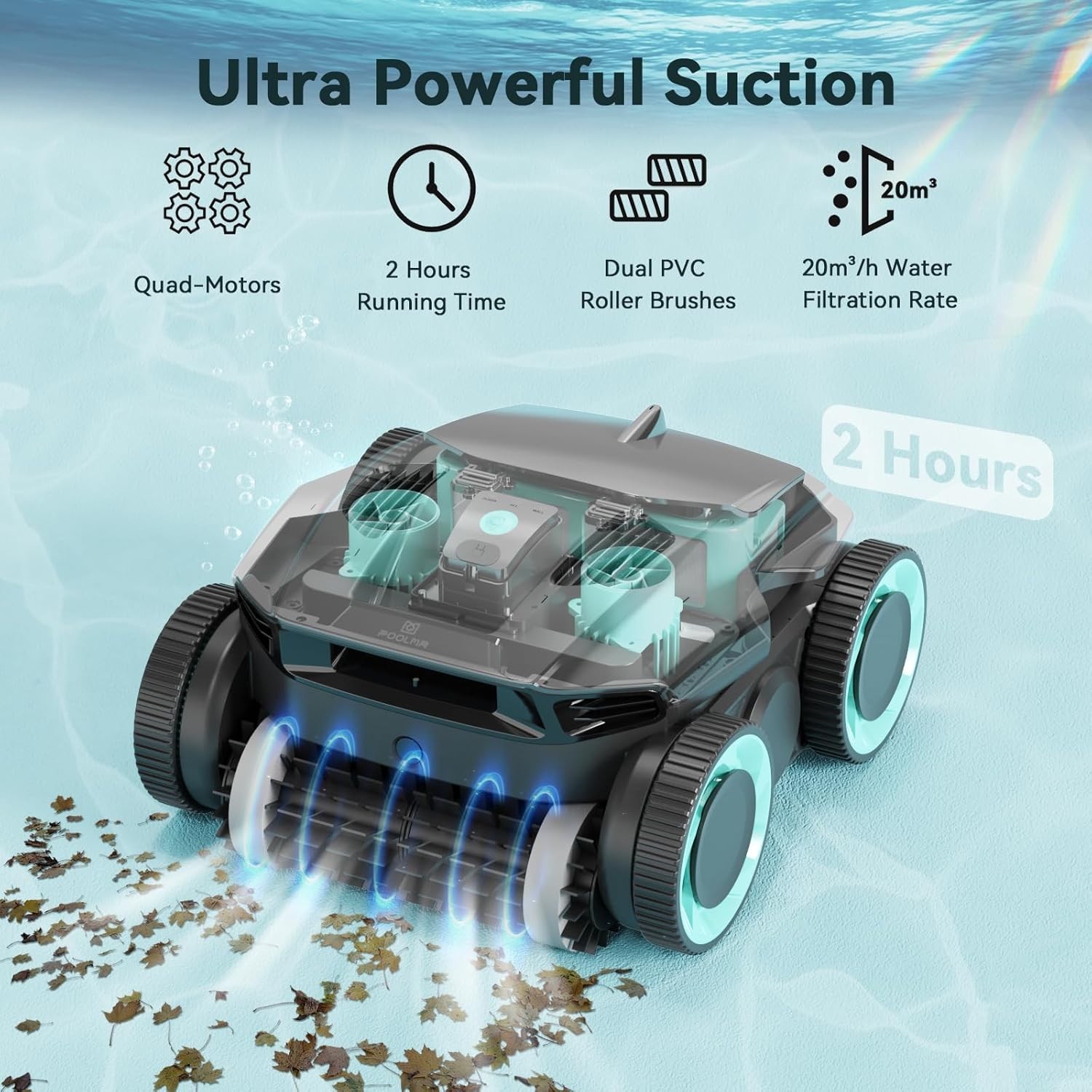 Cordless Robotic Pool Cleaner Wall Climbing 120 Mins Run Smart Navigation 1500ft