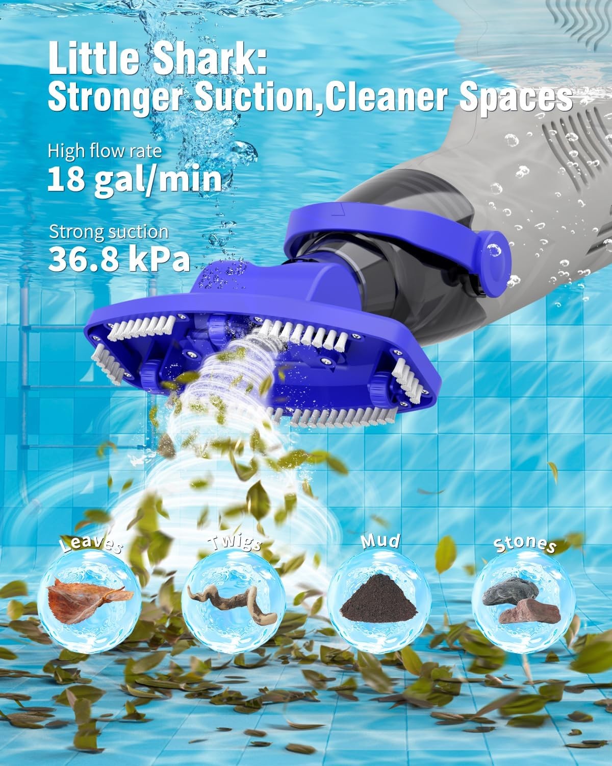 (2026 Upgrade) Little Shark Cordless Pool Vacuum, 60W Motor, 18 GPM Strong Sucti